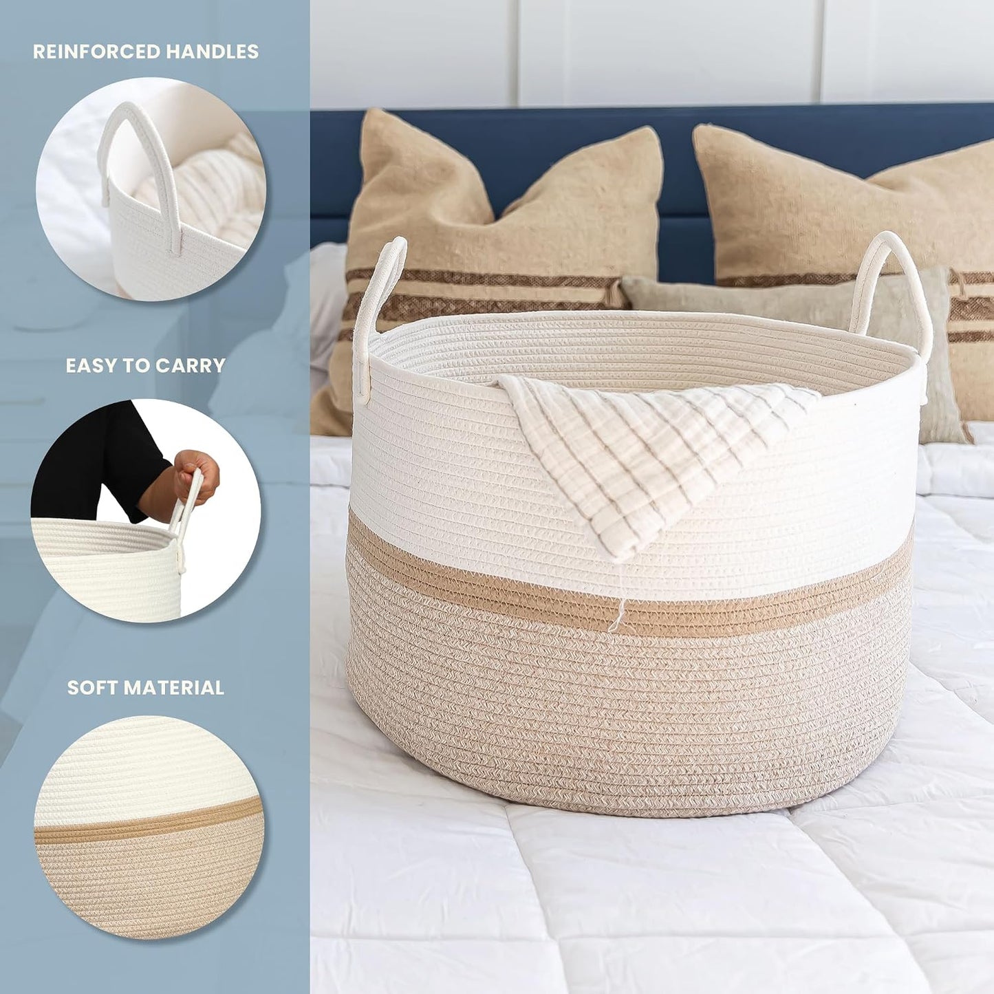 OrganiHaus Round Toy Basket & Blanket Basket, Cotton Rope 20x13" | Striped Honey - Round Cotton Rope Basket, 20x13"
