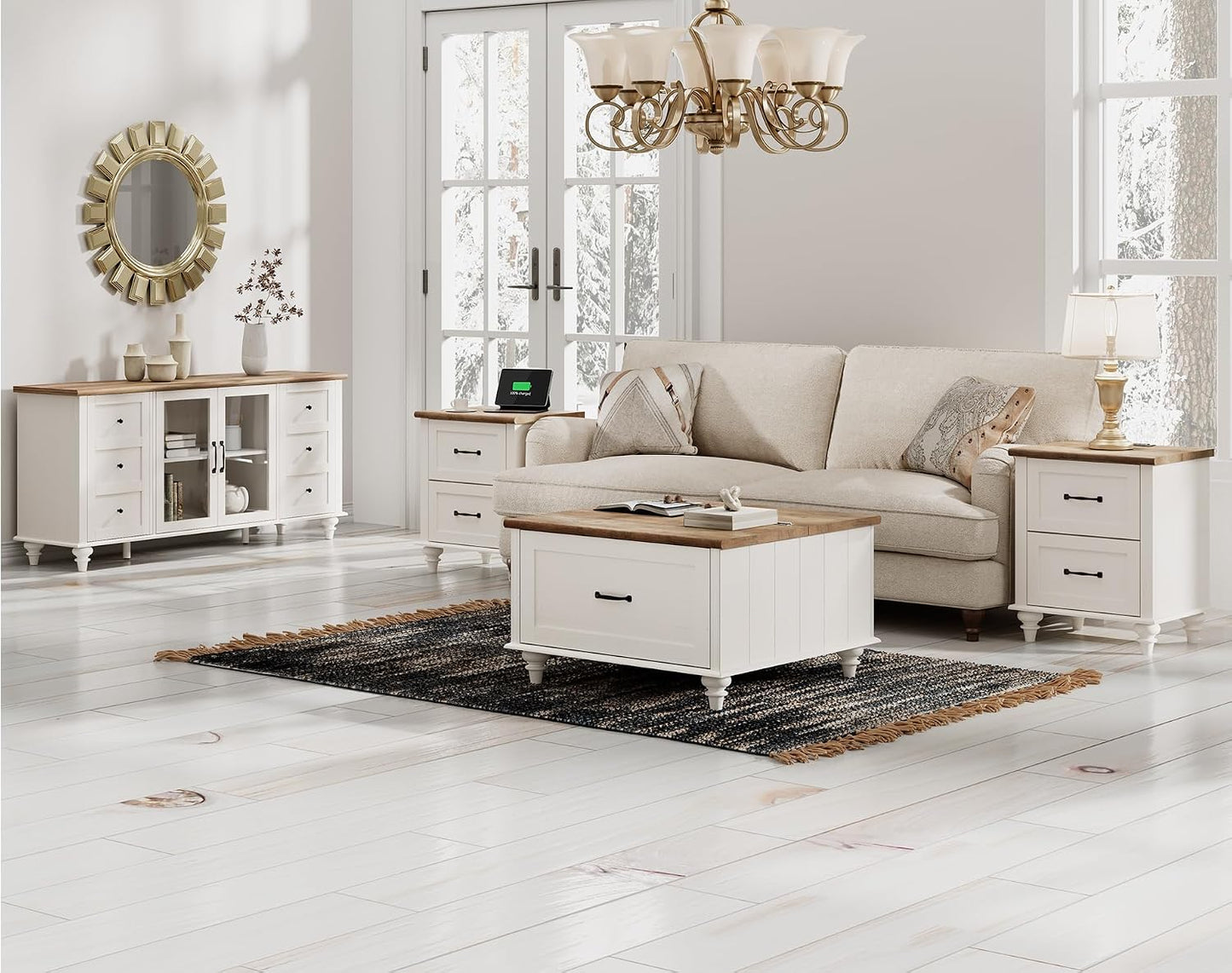 WAMPAT Farmhouse Coffee Table with Storage, Set of 2 Square Coffee Table with Lift Top & Drawers for Living Room, Wooden Center Table for Home & Office, White
