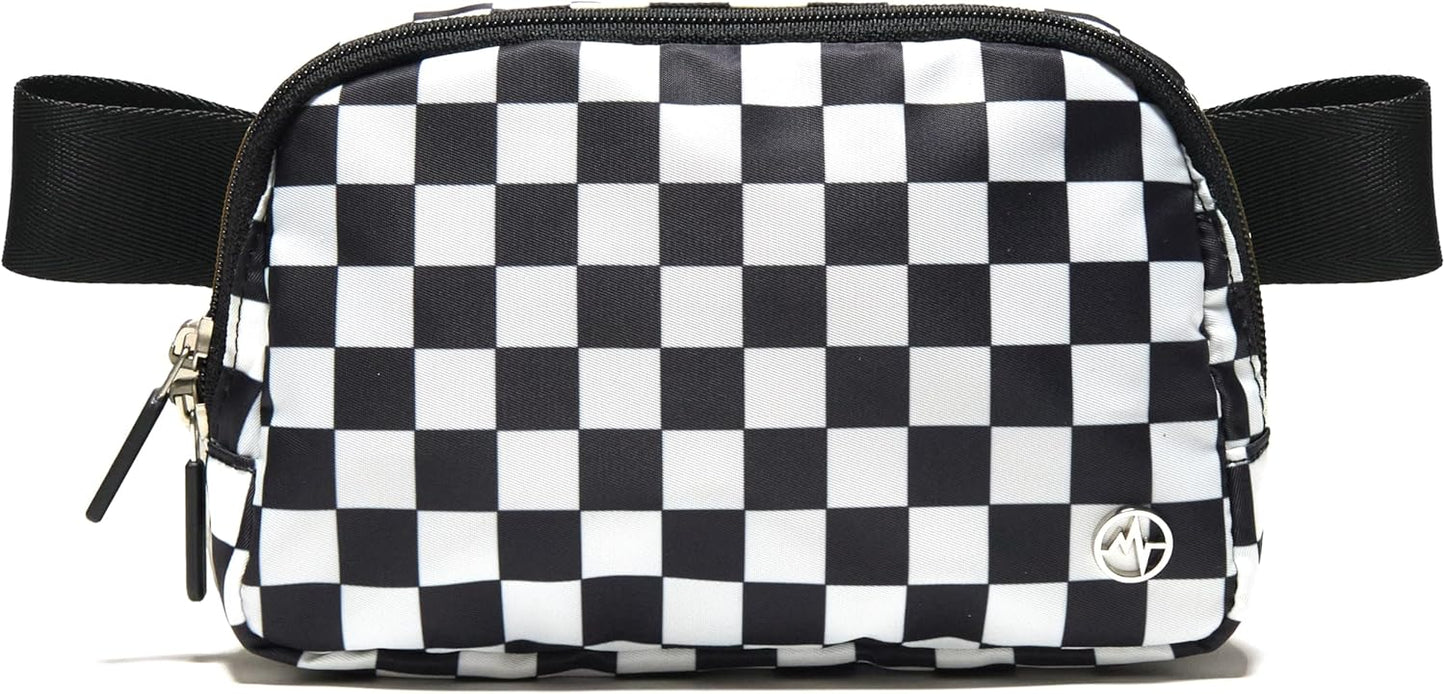 Pander Two Way Zipper Fanny Pack Nylon Everywhere Belt Bag for Women, Water Repellent Waist Packs, Crossbody Bags with Adjustable Strap (Checkered Black)