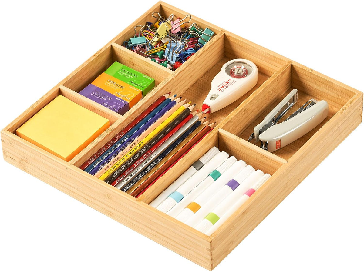 Umilife Extra Large Bamboo Desk Drawer Organizer, Wood Junk Organizer Tray with Adjustable Dividers, Anti-Skip Storage Organization in Office Bathroom Drawer for Vanity, Makeup, 17" x 12"