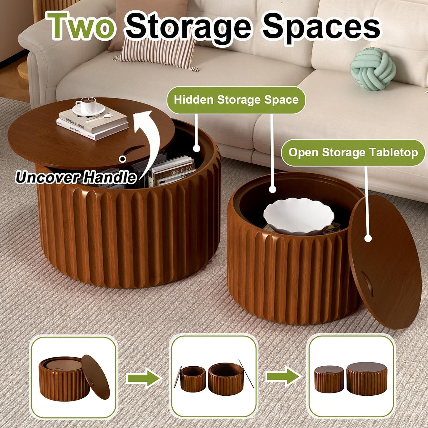 26 inch Round Nesting Coffee Table Set of 2 with Storage, A | For Living Room, Wood Veneer Top, Wood Fluted Texture, Flip-Top Lid, Non-Slip Pads, Nested End Side Table, For Small Space