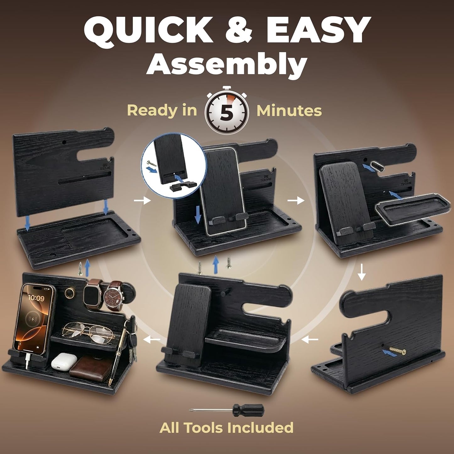 TESLYAR Wood Phone Docking Station for Men - Desk or Nightstand Organizer - Birthday Gifts for Husband, Dad - Anniversary Idea from Wife - Key Holder, Stand Wallet, Watch & Essentials (Granite Black)