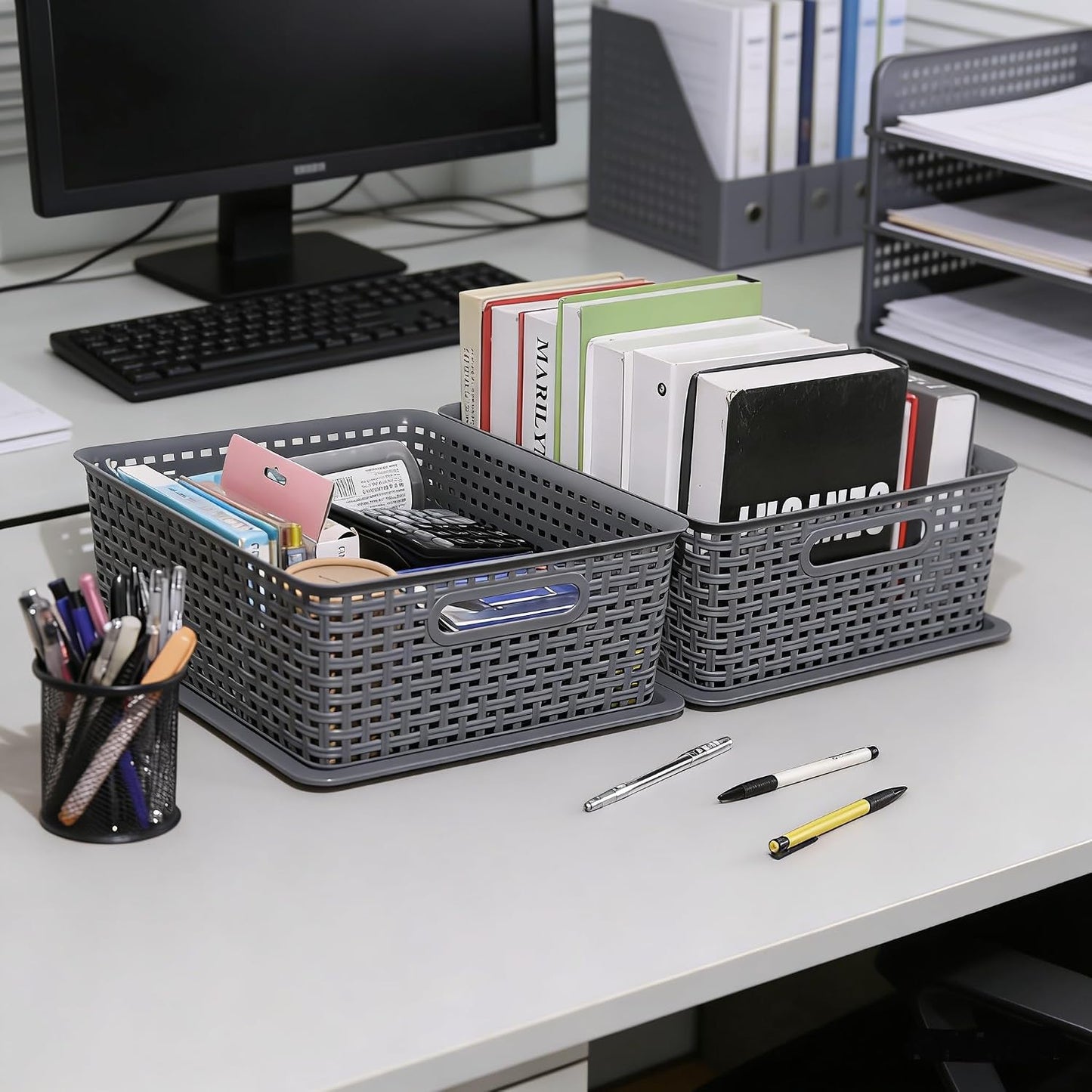 6 Pack Plastic Storage Bins with Lids, Stackable Storage Baskets with Handles, Plastic Organizer Container Bins for Desk,Shelves,Office, Pantry Organizers and Storage, Grey