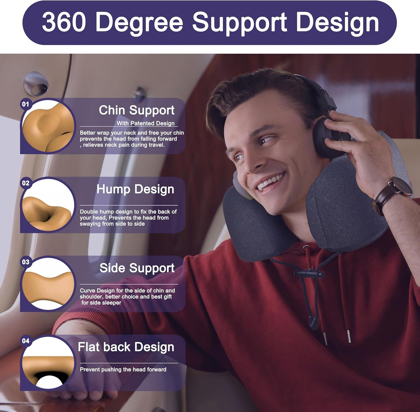 napfun Neck Pillow for Traveling, Upgraded Travel Neck Pillow for Airplane 100% Pure Memory Foam Travel Pillow for Flight Headrest Sleep, Portable Plane Accessories, Full Black