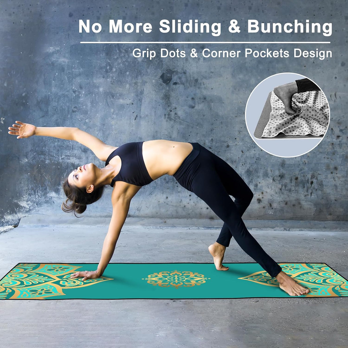 Hot Yoga Towel with Grip Dots, Non Slip, 70"x26, Turquoise Gold Mandala