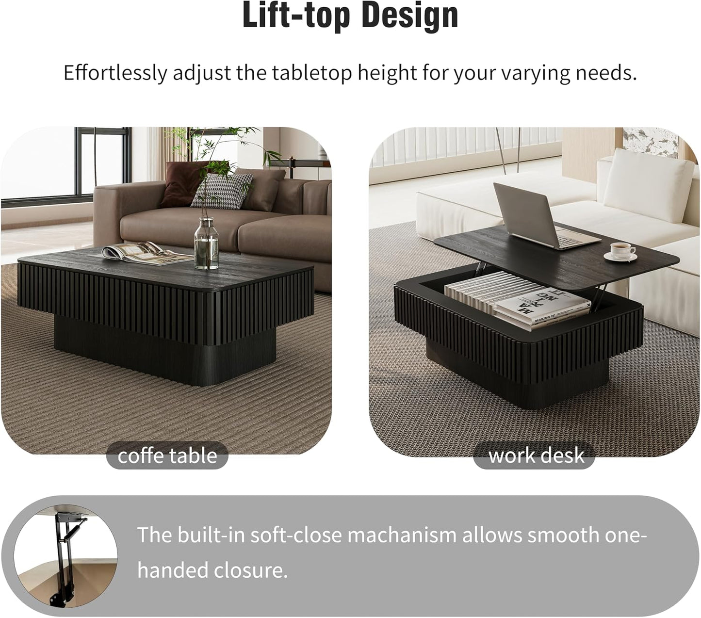 38.6'' Lift Top Coffee Table with Hidden Compartment, Modern Rectangular Fluted Wooden Center Table Cocktail Tea Table with Storage and Adjustable Height for Living Room Apartment, Black