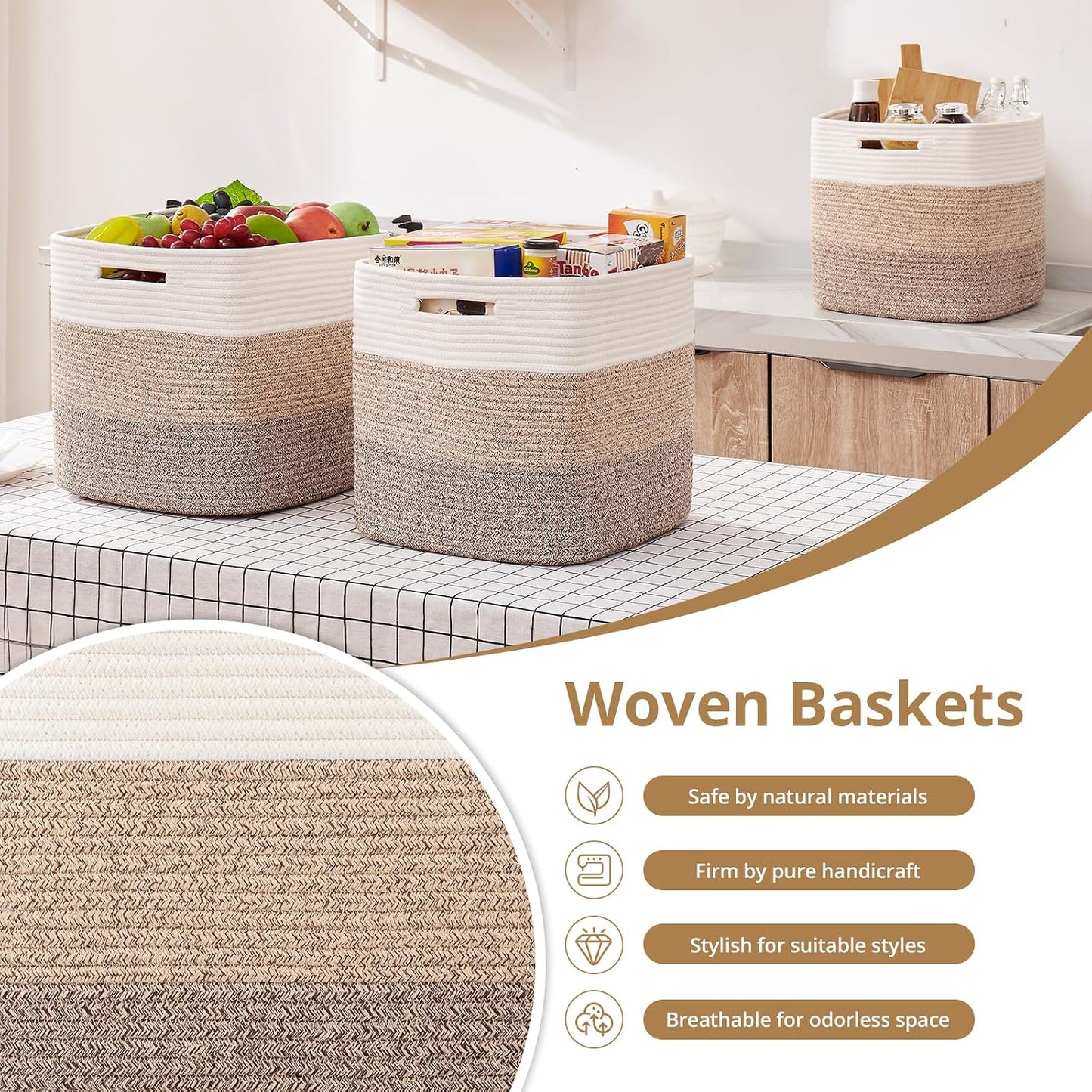 OIAHOMY 13 Inch Cube Storage Bins, 3-Pack Cotton Rope Woven Baskets for Organizing, Insert Storage Baskets for Shelves, Baby Nursery, Closet Organizer, 13 * 13 * 12.6IN, Gradient Brown