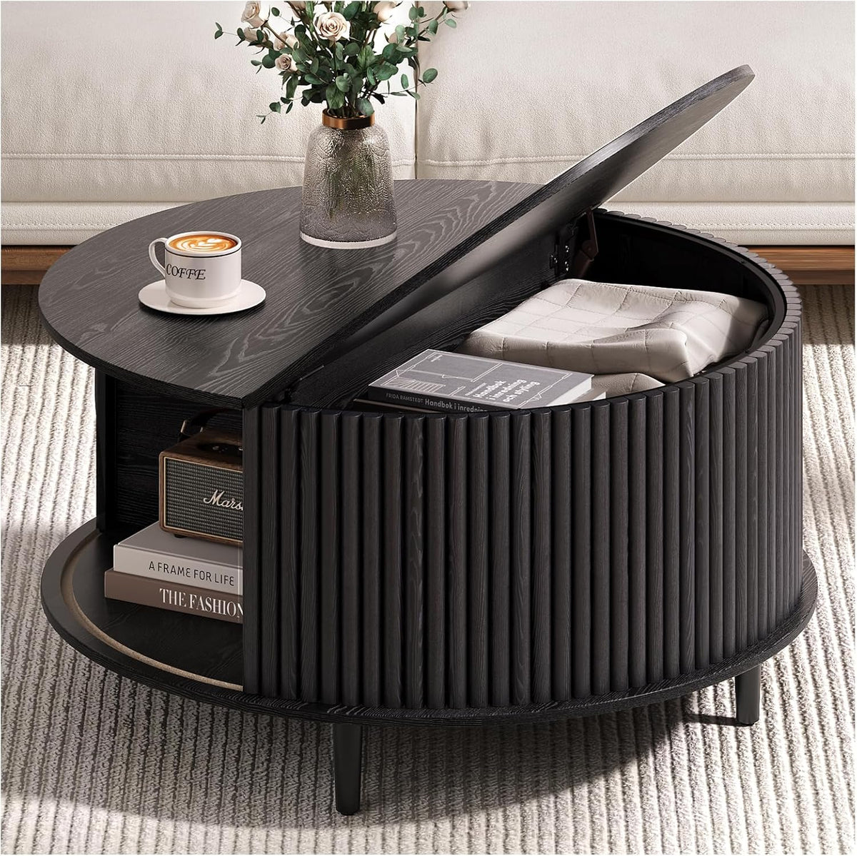 JOINICE Black Round Coffee Table with Storage for Living Room,31.5"