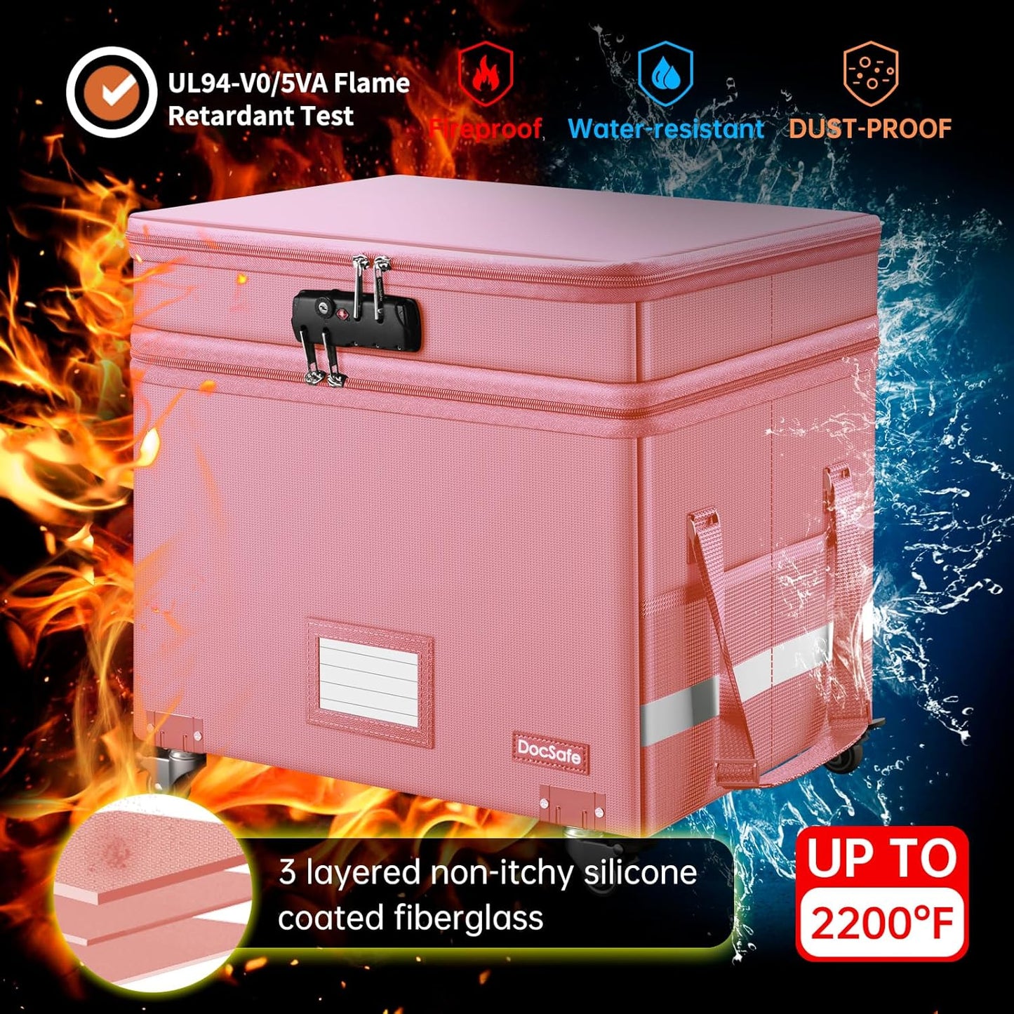 DocSafe File Box with Lock,2-Layer Fireproof Document Box with Wheels,Collapsible Rolling File Storage Organizer with Pockets,Large Portable Home Office Filing Cabinet Safe for Hanging Folders,Pink