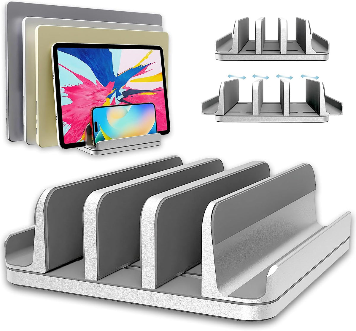 Vertical Laptop Stand Holder 5 Slots, Aluminum Space-Saving Laptop Holder, Adjustable Size Dock Tabletop Desk Organizer 3 Slot + 2 for Apple MacBook/Surface/PC/Tablet/iPad/iPhone (Space Gray)