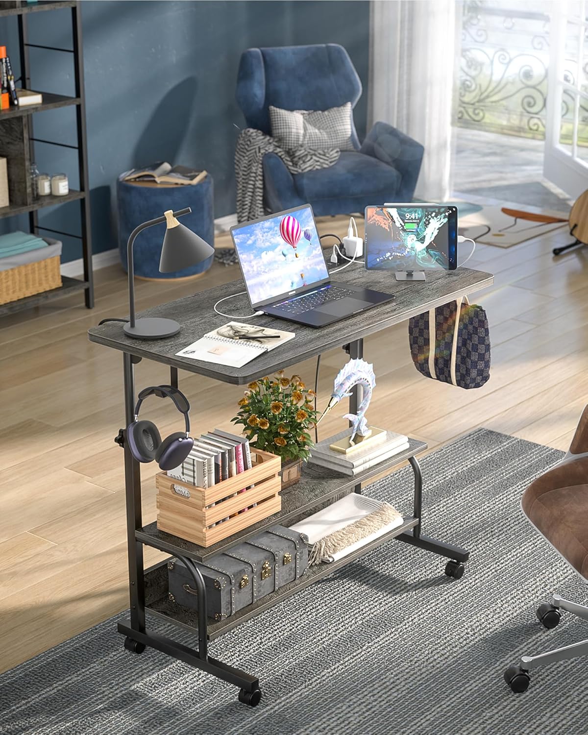 Armocity Rolling Standing Desk with Charging Station, Portable Height Adjustable Mobile Computer Desk with Wheels & 2-Tier Shelves & Hooks, Easy Assembly Laptop Table for Couch Bed, 32" Grey Oak