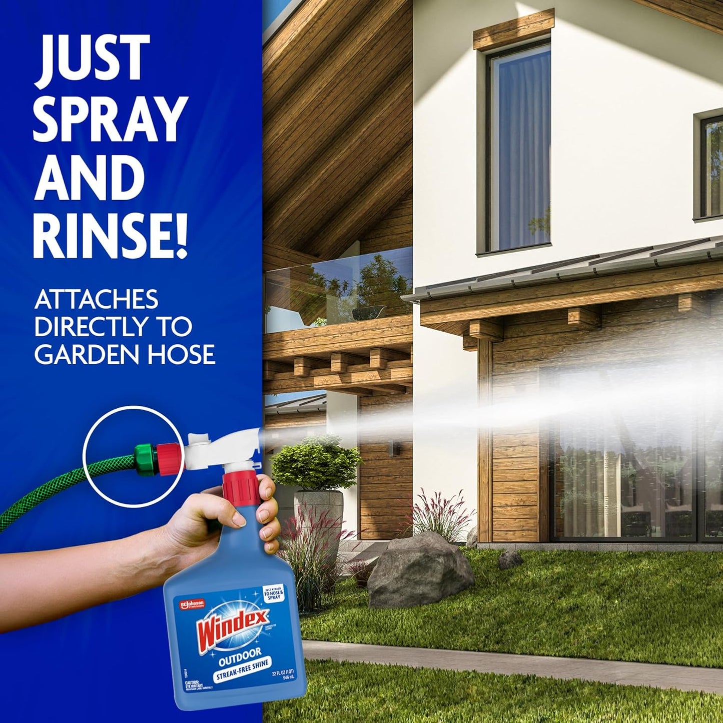 Windex Outdoor Window and Glass Cleaner for Hose Ammonia Free, Concentrated Formula for Deep Outdoor Clean, Patio Cleaner, Compatible With All Hoses, 32 Fl Oz (Pack of 2)
