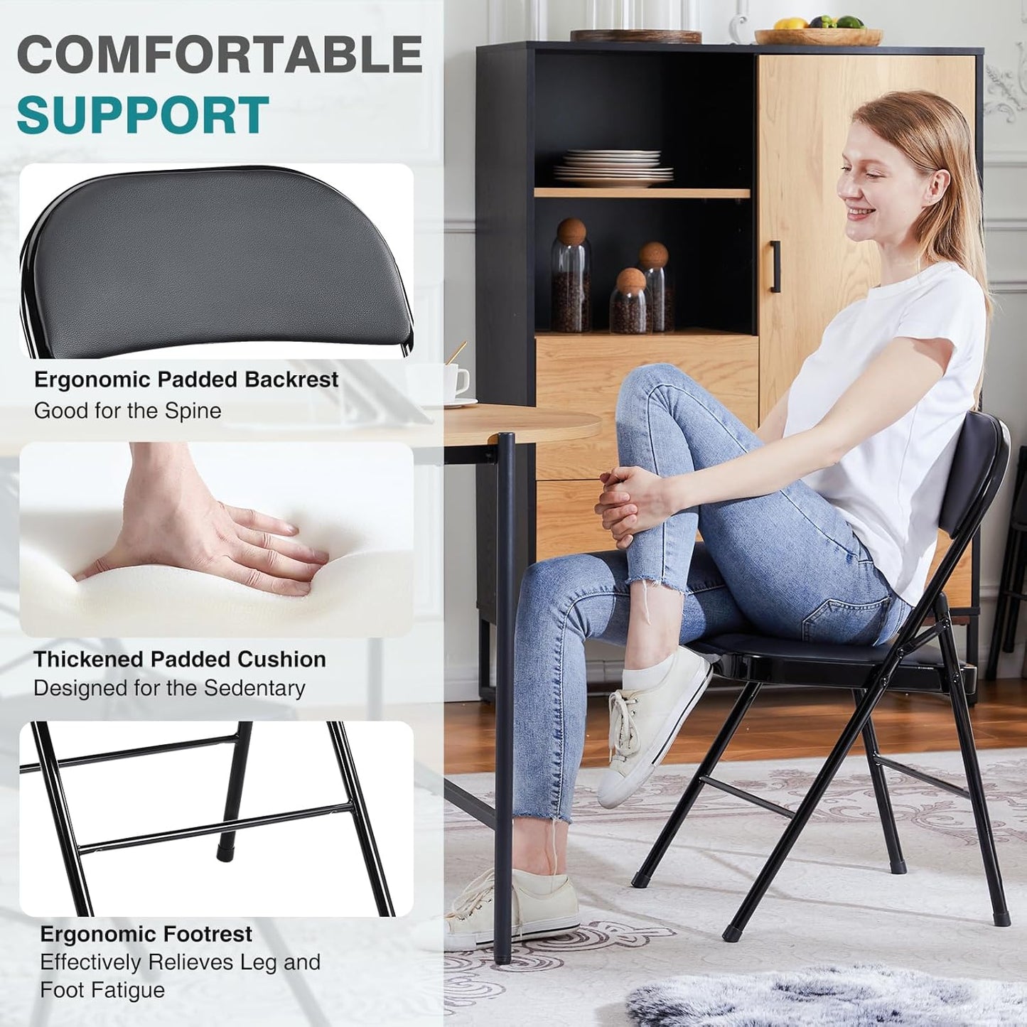 DUMOS 4 Pack PU Leather Padded Folding Chair, for Indoor and Outdoor Events, Portable Stackable Seat with Steel Frame, for Home, Office, Party, Dining, Black