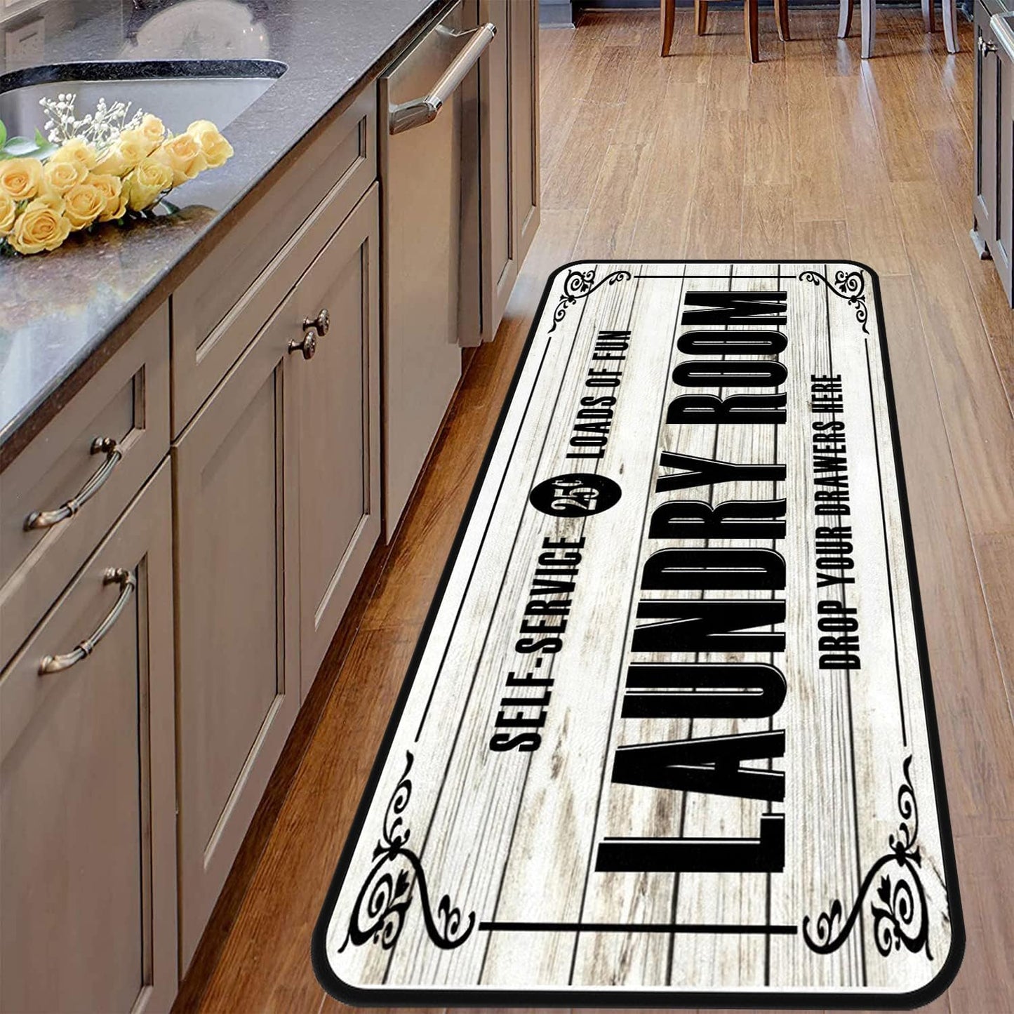 White-2 Farmhouse Laundry Room Rug Runner, Floor Mat, Waterproof Runner for Living Room, Kitchen, Bathroom, and Mudroom Decor 20''x48''
