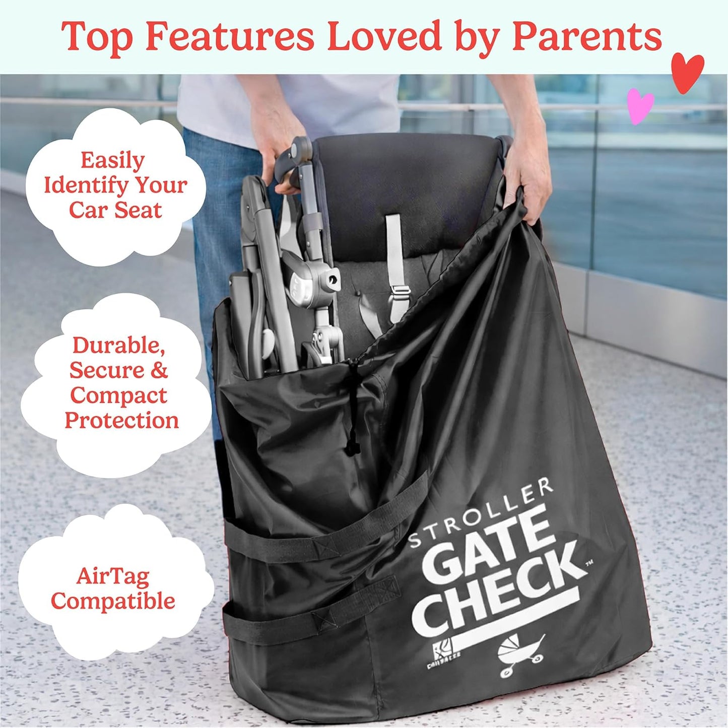 J.L. Childress Gate Check Bag for Single & Some Double Strollers - Travel Bag for Airplane, Fits Most Standard Baby Strollers, Airport Accessories Gate Check, Flying Essentials - Black