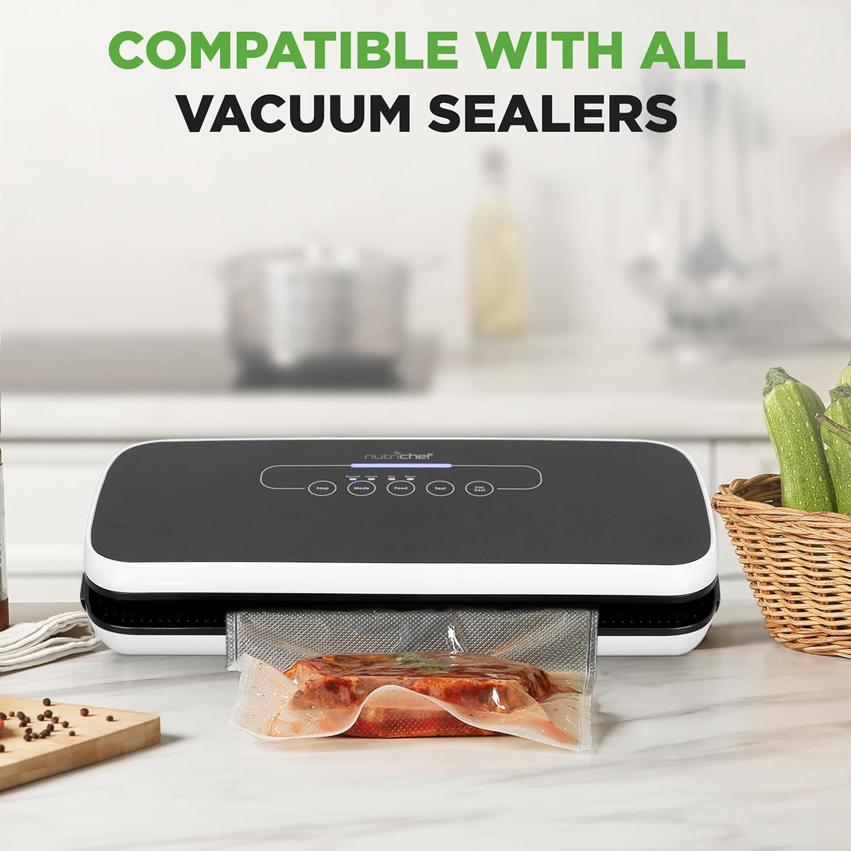 NutriChef Vacuum Sealer Bags 8x50 Rolls 2 pack Compatible with All Brands, Commercial Grade, Heavy Duty, Great for vac storage, Meal Prep or Sous Vide