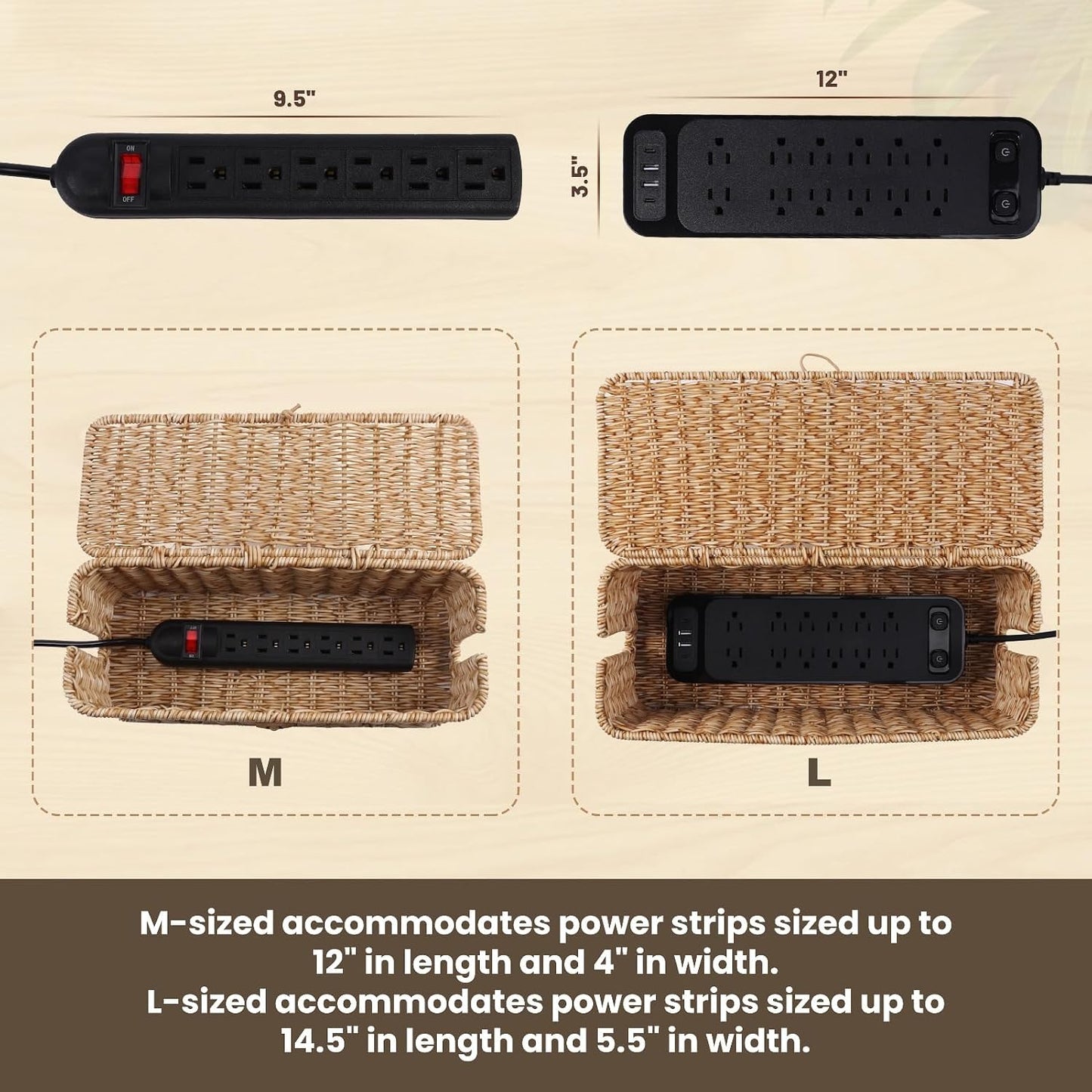 Cable Management Box, Cord Organizer with Lid & Cable Ties - Natural Set | Handmade Open Slots Cord Hider Outlet Covers for Power Strip TV PC Router Charger Under Desk Storage