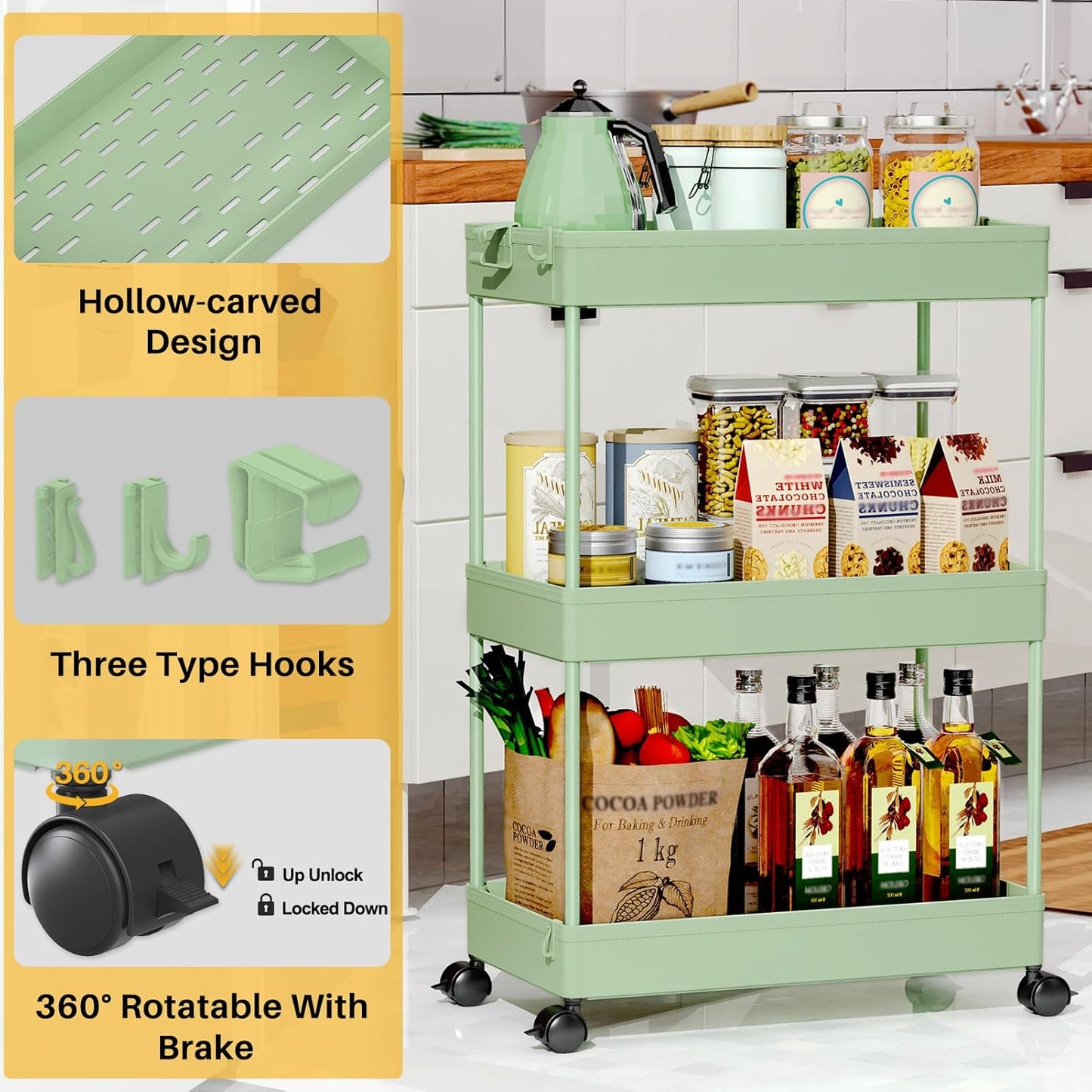 SPACEKEEPER Green 3-Tier Rolling Storage Cart, Bathroom & Kitchen Organizer, Modern Plastic Frame, Adjustable Shelves