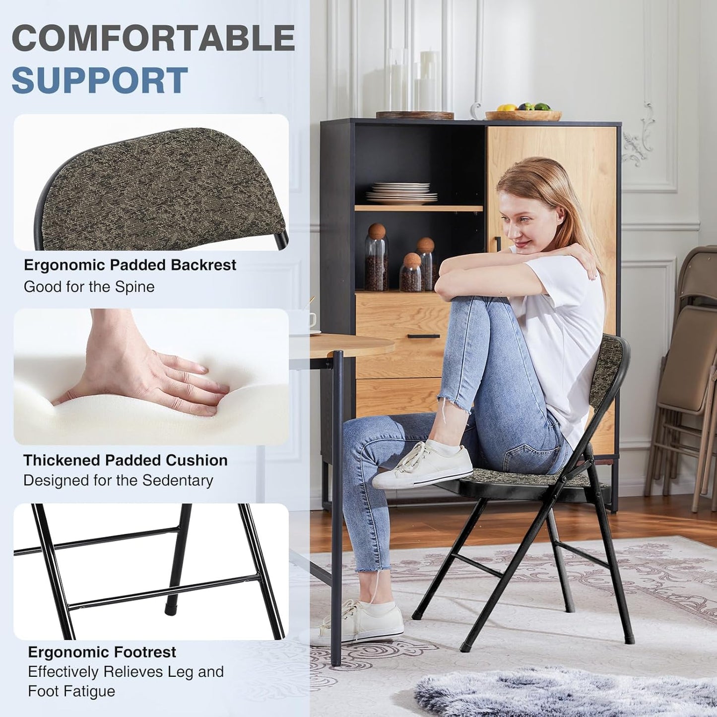 DUMOS 2 Pack Folding Chairs with Padded Cushion and Back - Fabric Stackable Portable Dining Chairs Set, for Home and Office, Conference, Wedding, Party, Patio, Garden, for Indoor Outdoor, Black Grey