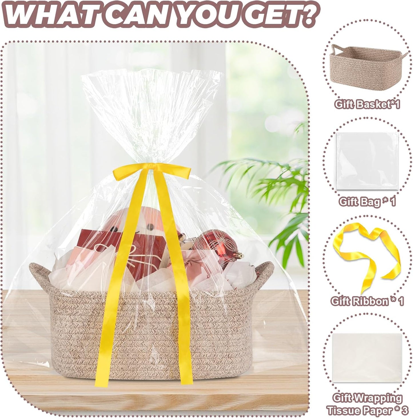 OIASKET Gift Basket Empty with Handle, Small Woven Baskets for Gifts Empty | 13.6"x10"x5.9", Baby Shower Toy Storage Baskets, Dog Toy Storage for Organizing, with Gift Bag Ribbon Tissue Paper