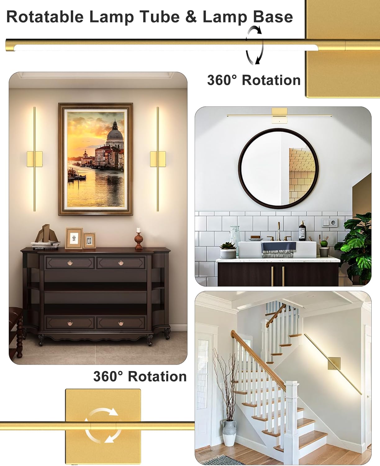 Battery Powered Wall Sconce Set of Two: Gold Wireless Rechargeable Wall Lights with Touch and Remote Control, 360°Rotatable 4CCT Dimmable Cordless Scone Lighting Decor for TV Wall Bedroom Bathroom