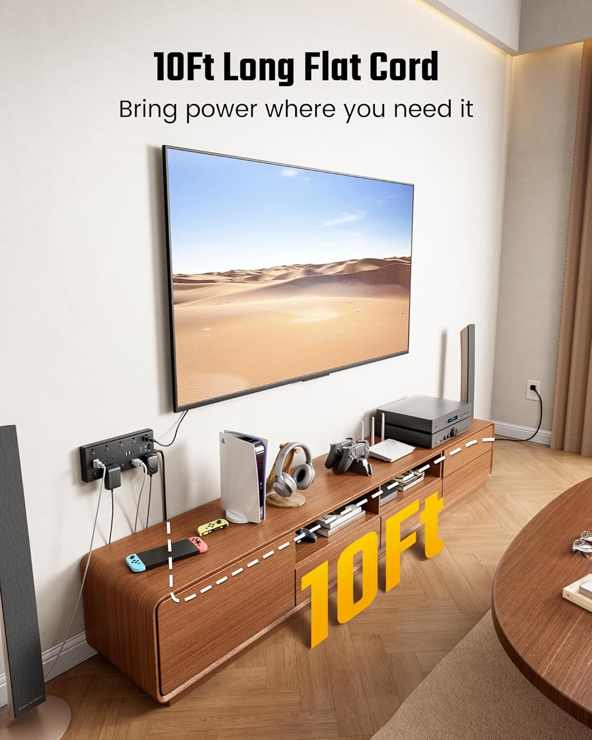 10Ft Extension Cord with Multiple Outlets, Flat Plug Power Strip with 2100J Surge Protector, 13 Outlets, 2 USB A, 2 USB C, Desk USB Charging Station, Home Office, College Dorm Room Essentials, Black