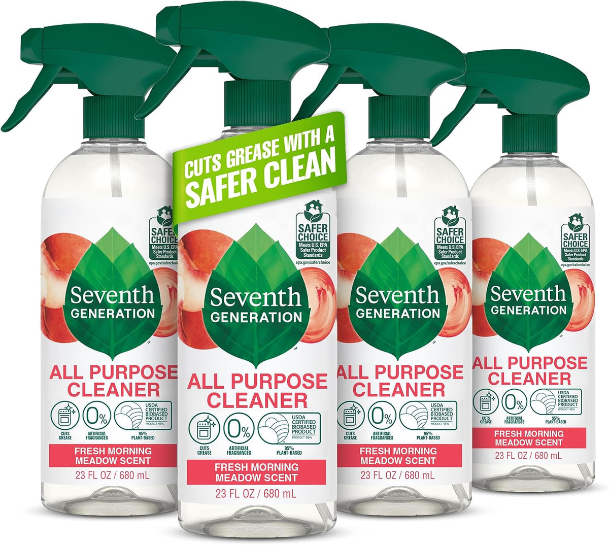 Seventh Generation All Purpose Cleaner, Degreasing Formula, Fresh Morning Meadow Scent, 23 oz (Pack of 4)