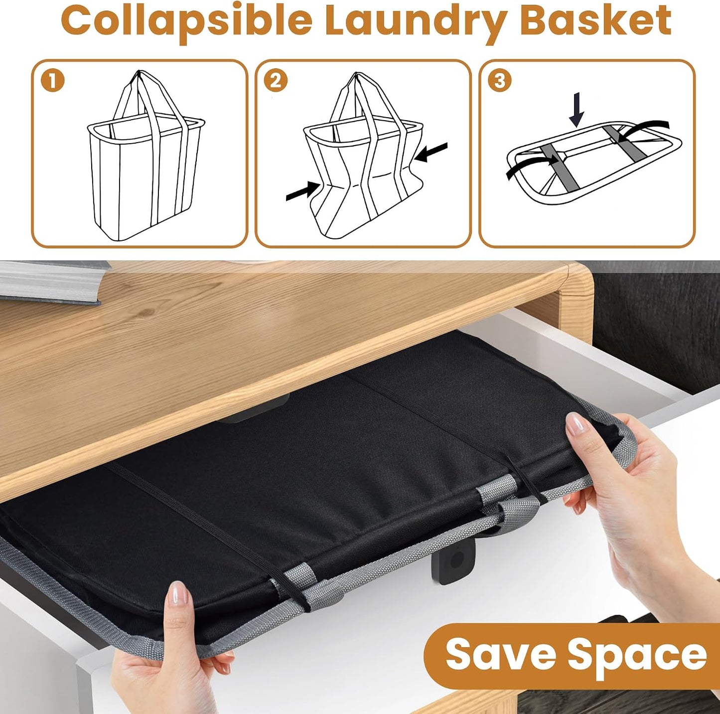JOMOLA Collapsible Laundry Basket, Large Folding Clothes Hamper Bag, Fabric Laundry Tote Carry All Bin XL Pop Up Baskets with Handles, Waterproof Clothes Storage Basket for Bathroom, Family Black