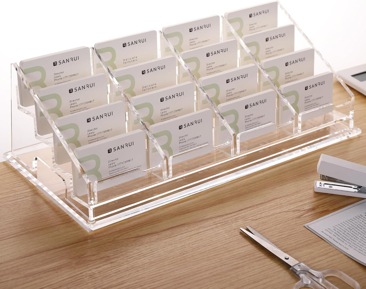 YUXUN Acrylic Business Card Holder for Desk-4 Tiers 16 Slots, Business Card Holder Case, Clear Multiple Cards Display Stand for Office Supplies Home School