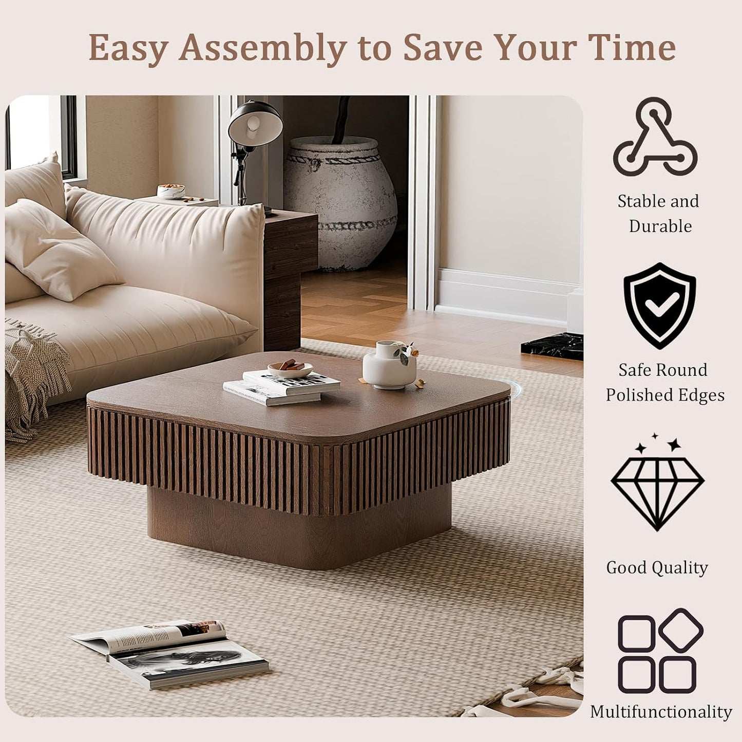 31.5" Square Coffee Table with Hidden Storage Compartment, Modern Handcraft Fluted Drum Coffee Table, Wooden Square Center Table Cocktail Tea Table with Sturdy Pedestal for Living Room,Walnut