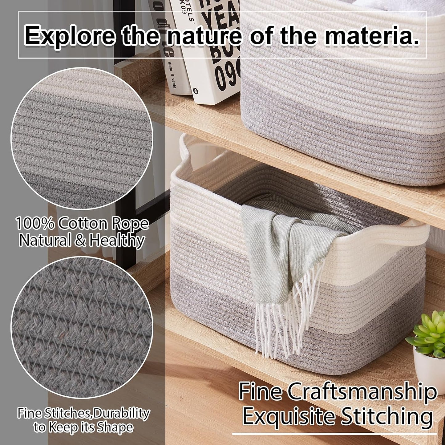 OIAHOMY Woven Storage Basket, Cotton Rope Baskets for Toys,Towel, Clothes, Used to Bathroom,Living Room,Nursery,Bedroom, 16"x12"x10"- Pack of 3, Gradient Gray