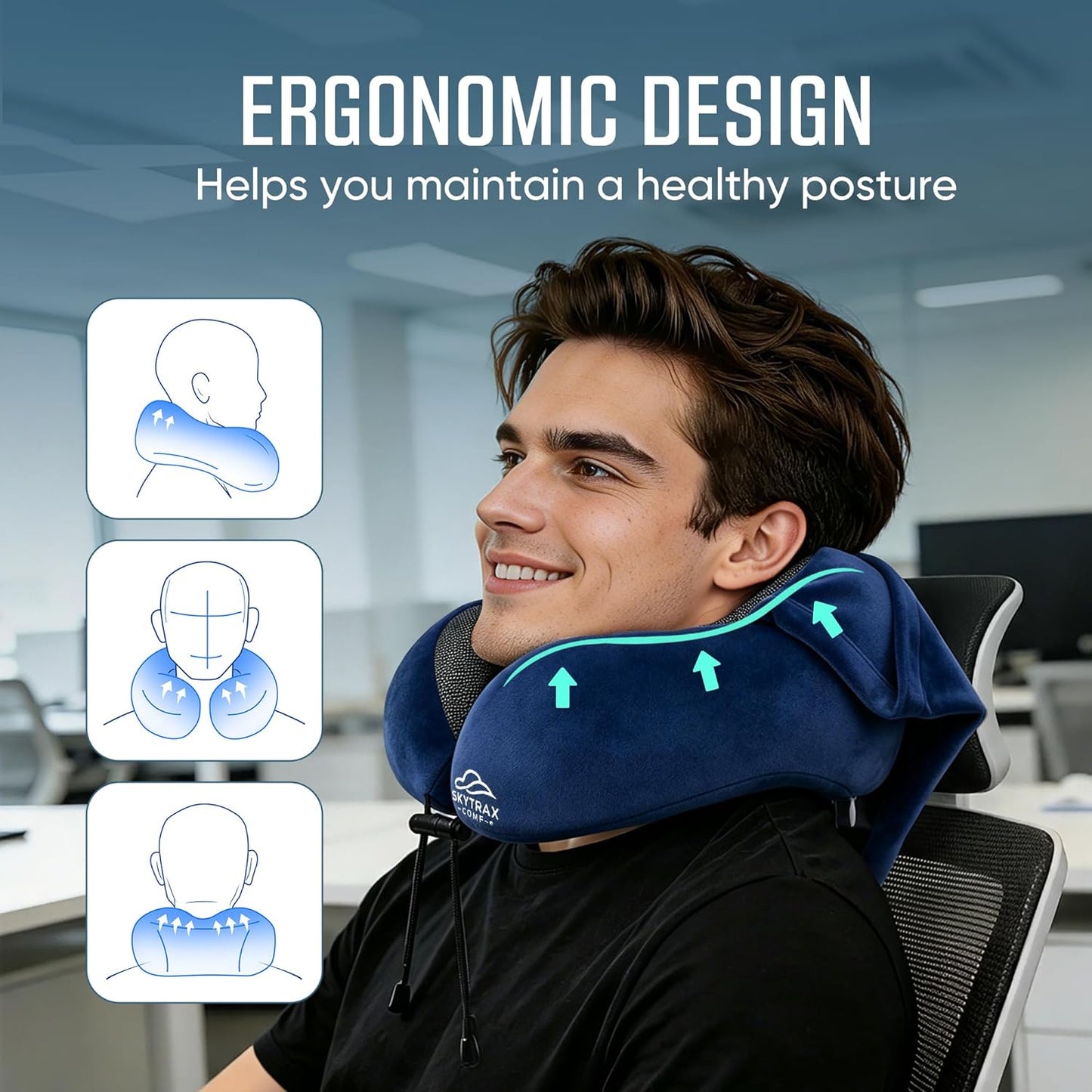 Travel Pillow with Extra Large Hood for Airplane Long Flights Privacy and Comfort Memory Foam with Velvet Cover for Road Trip Head&Neck Support for Plane Office Cars Sleeping & Rest (Navy Blue)