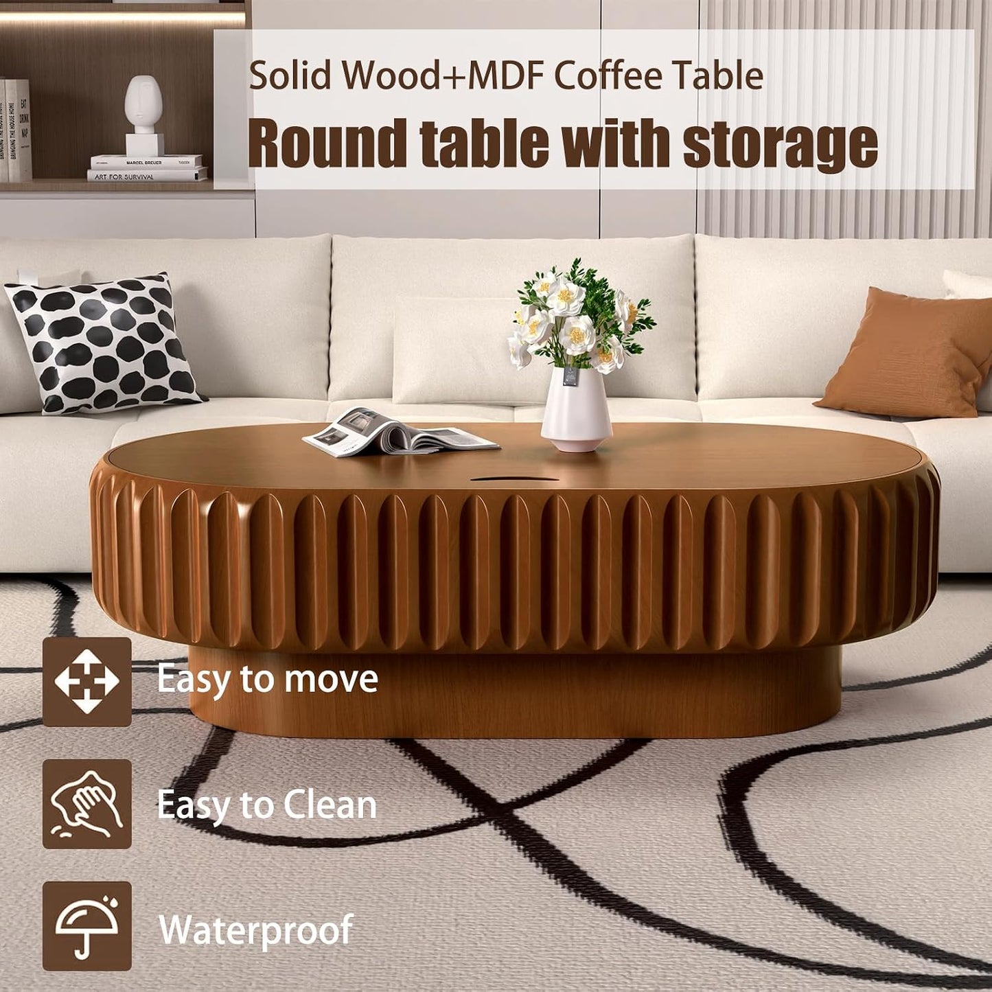 43.3" Oval Coffee Table with Storage (A Brown 43.3 in) | Fluted Coffee Table with Solid Wood Veneer, Mid Century Modern Wood Center Table, Accent Tea Table for Living Room Apartment