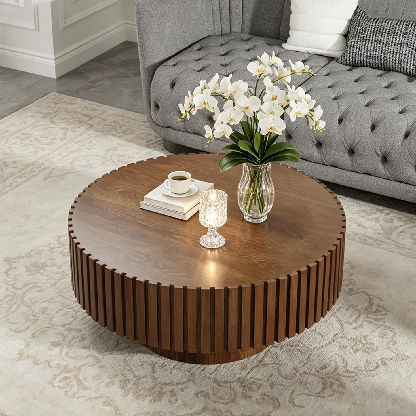 31.5" Modern Round Coffee Table (Round Brown) | Contemporary Circle Fluted Center Table, Solid Wood Relief, Vintage Wooden Accent Table, For Living Room, Small Spaces