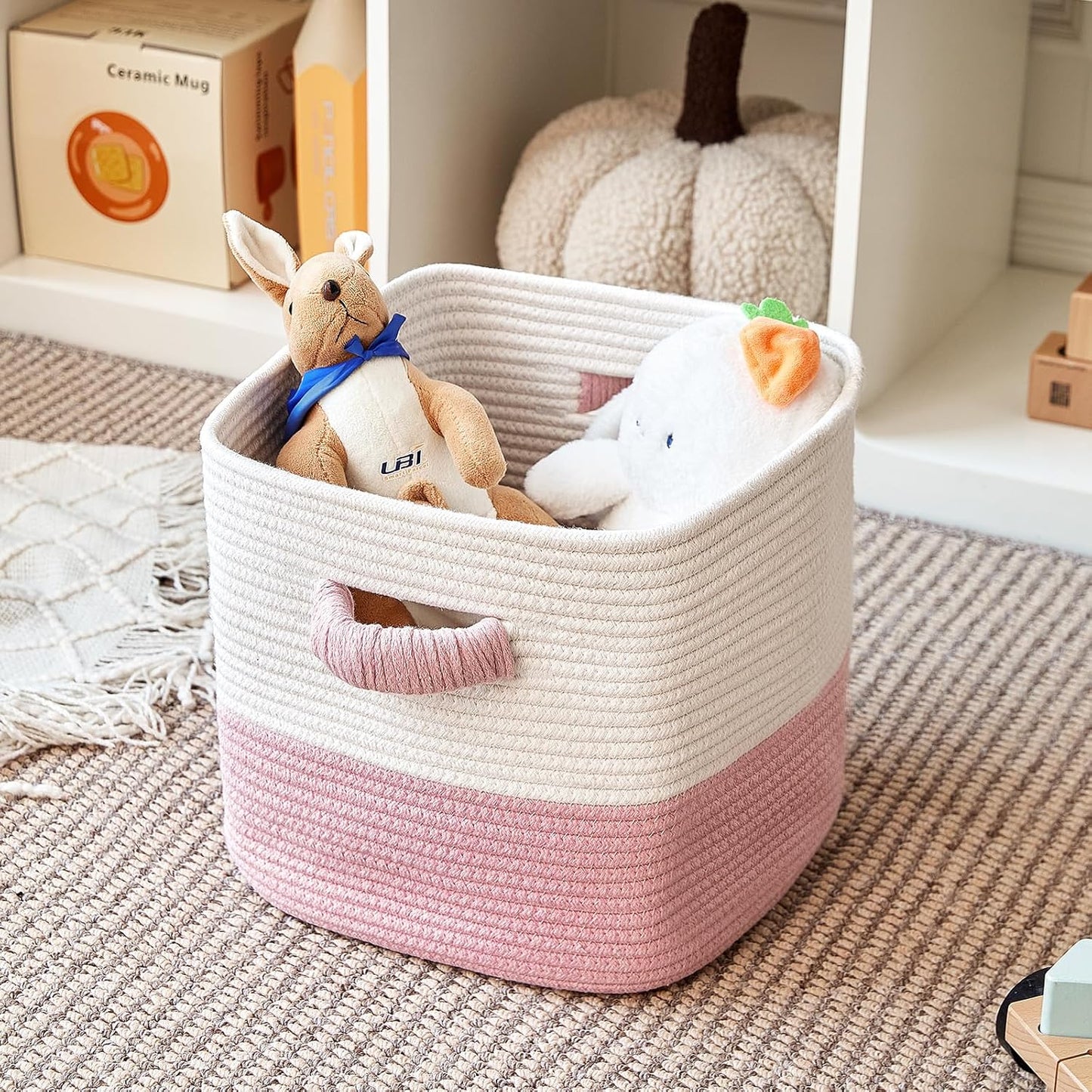 R RUNKA Storage Cube Baskets for Organizing 11 inch-3 Pack- Square Baskets for Cube Storage, Closet Storage Bins - Woven Cube Storage Bins for Shelves- Cube Drawer- Ideal for Toy Storage White & Pink