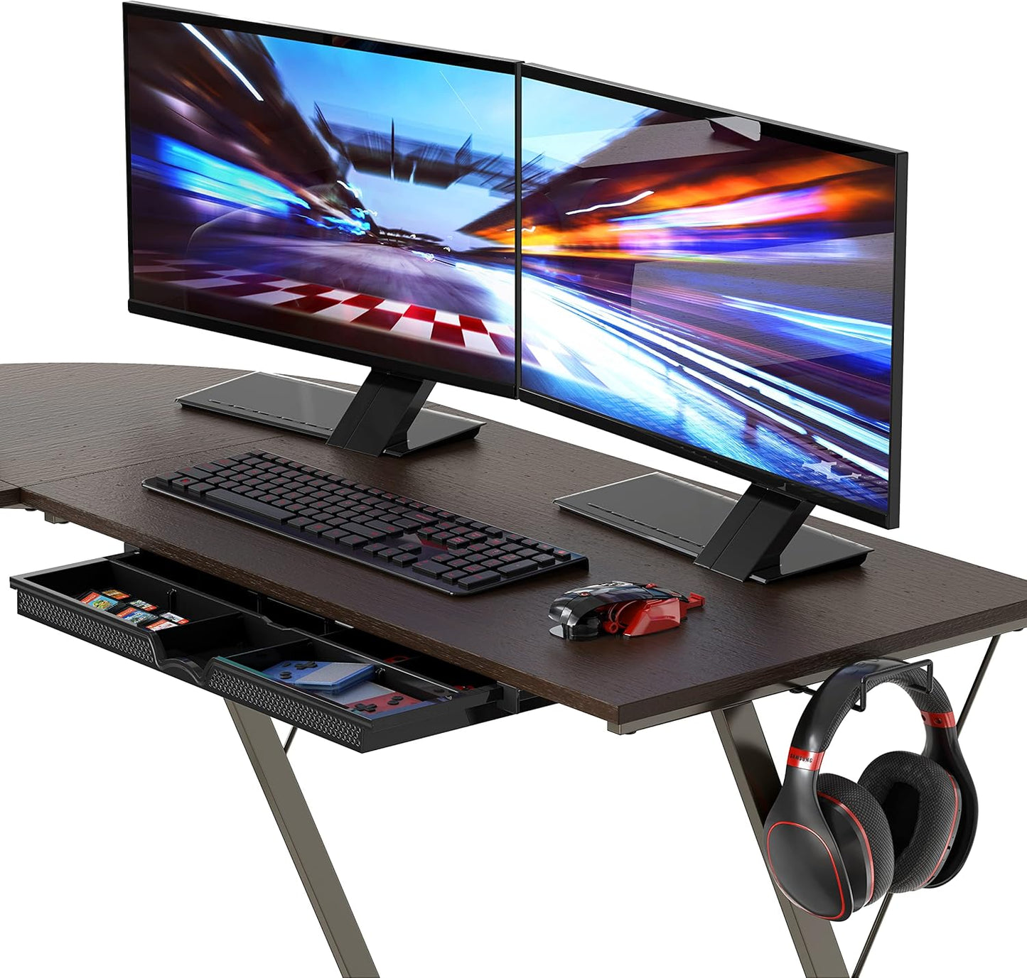SHW 51 x 51 Inches Vista L-Shaped Desk with Monitor Stand and Drawer, Espresso