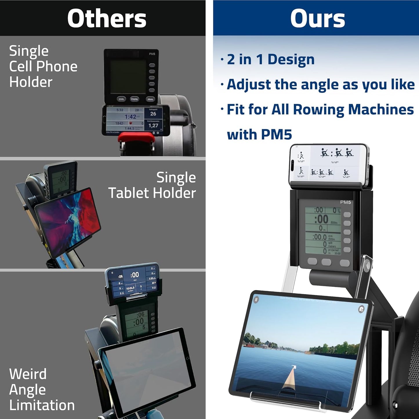 Phone & Tablet Holder Compatible with Concept 2 Rowing Machine & Skierg with PM5 Monitor, Rower Accessories, 2-in-1 Phone & Tablet Mount Stand for Model D&E and Rowerg, NOT for PM3/PM4, Patent Pending