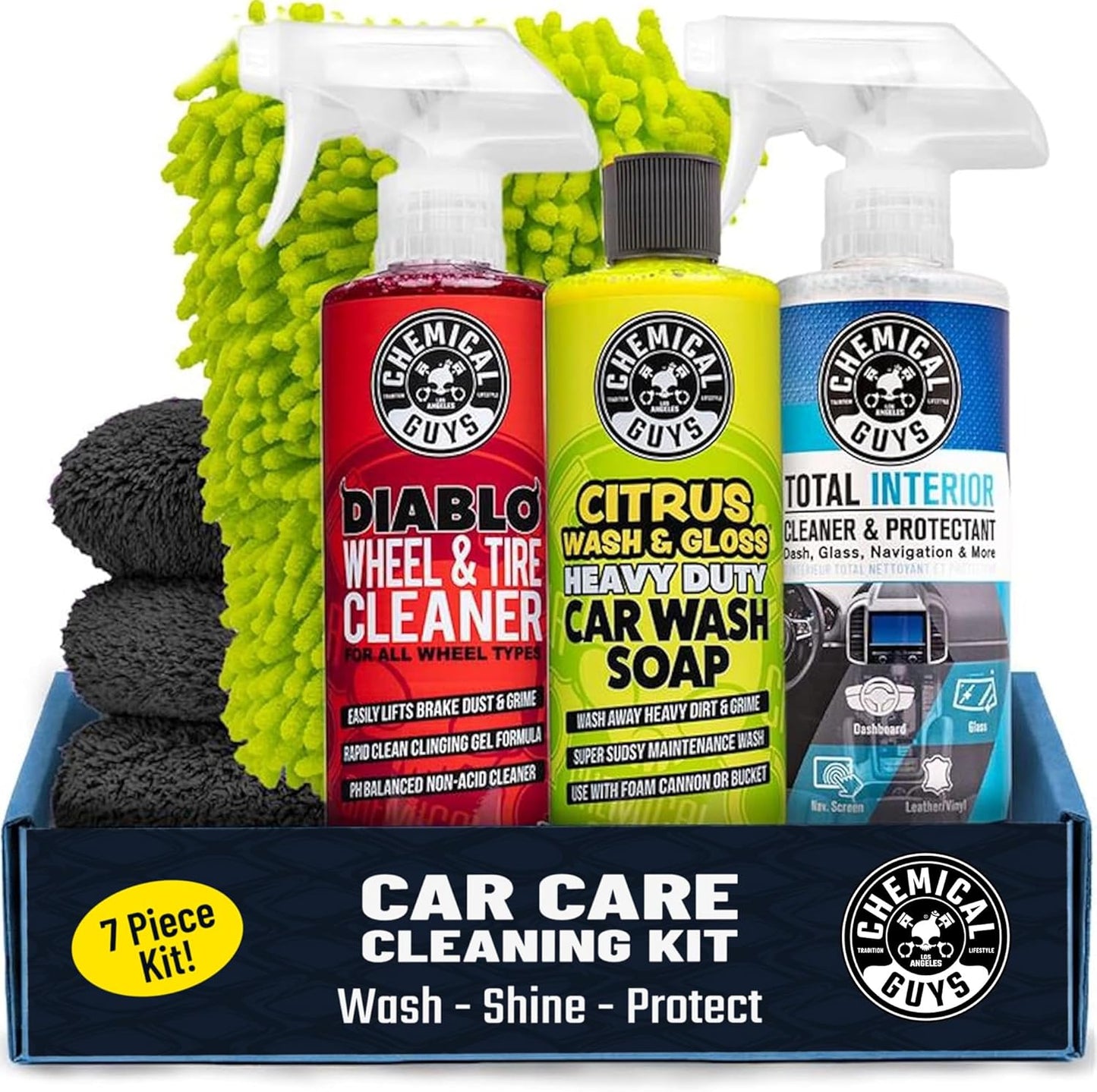Chemical Guys Car Cleaning Kit - with Car Wash Soap, Wheel Cleaner, Total Interior, Car Wash Mitt - Interior and Exterior Wash Kit with Vehicle Cleaning and Detailing Accessories - 7 Item Kit