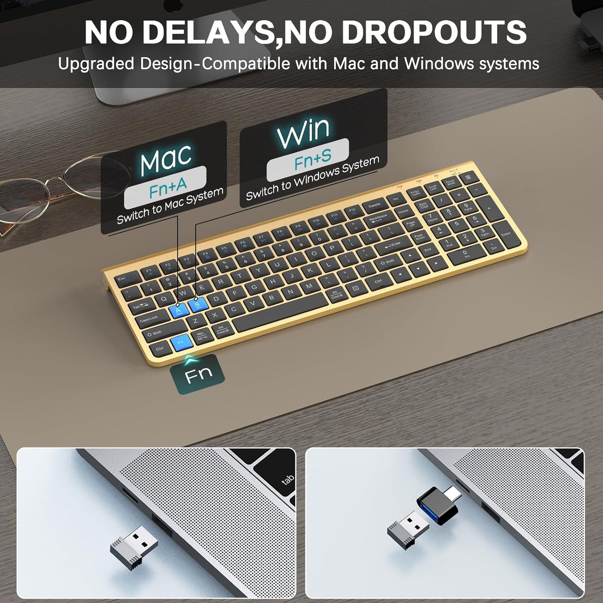 JOYACCESS Black Gold Wireless Keyboard with Low-Profile Keys - 2.4GHz Full-Sized,Windows & Mac OS, Quiet,Ergonomic Keyboard for Computer, Laptop, PC, Mac,Windows- Gold