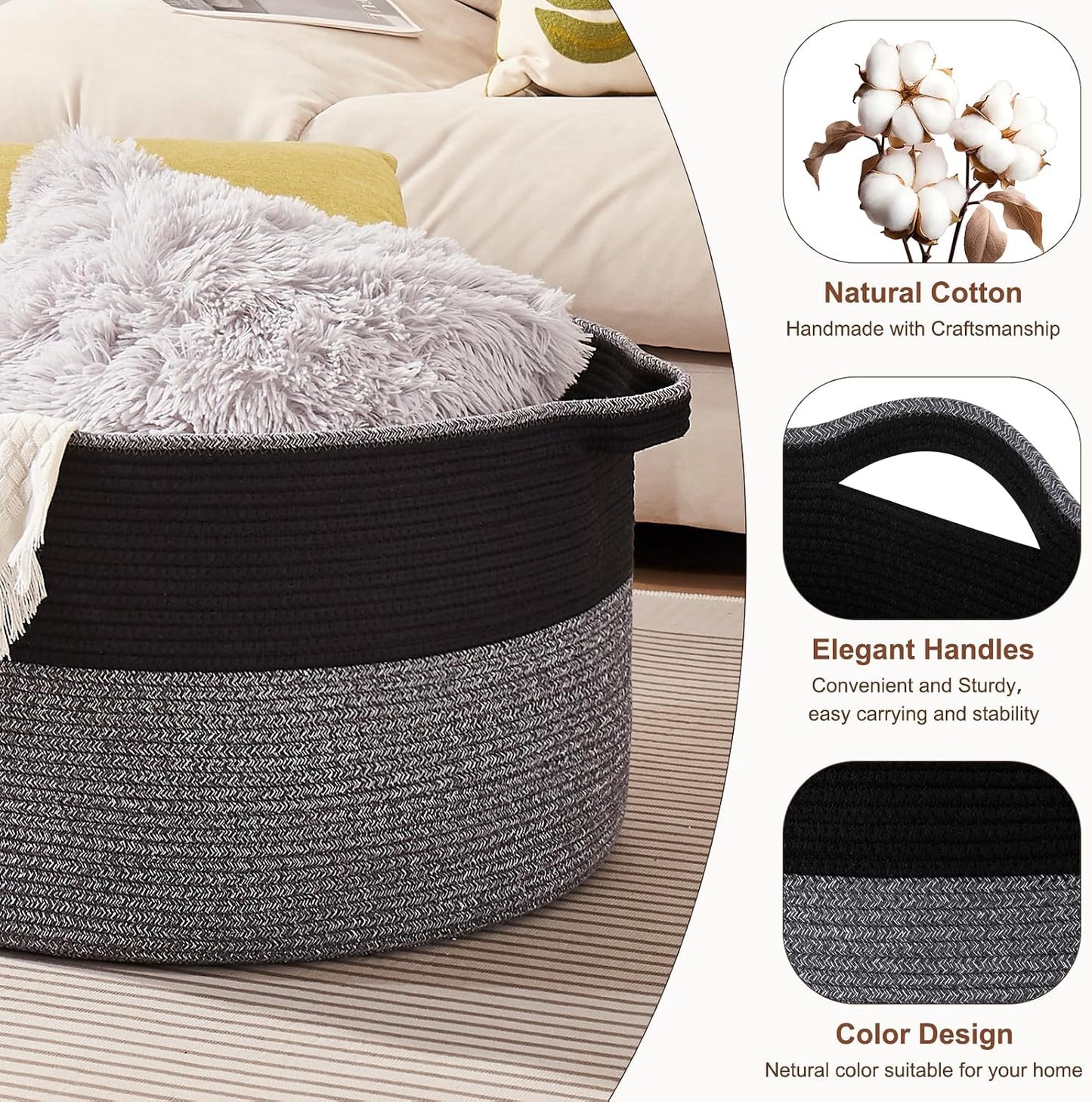 OIASKET Large Blanket Basket with Handles, 22.8" x 22.8" x 13" Woven Storage Basket for Living Room, Cotton Rope Baby Toy Storage for Clothes, Pillows, Towels-Black and Grey