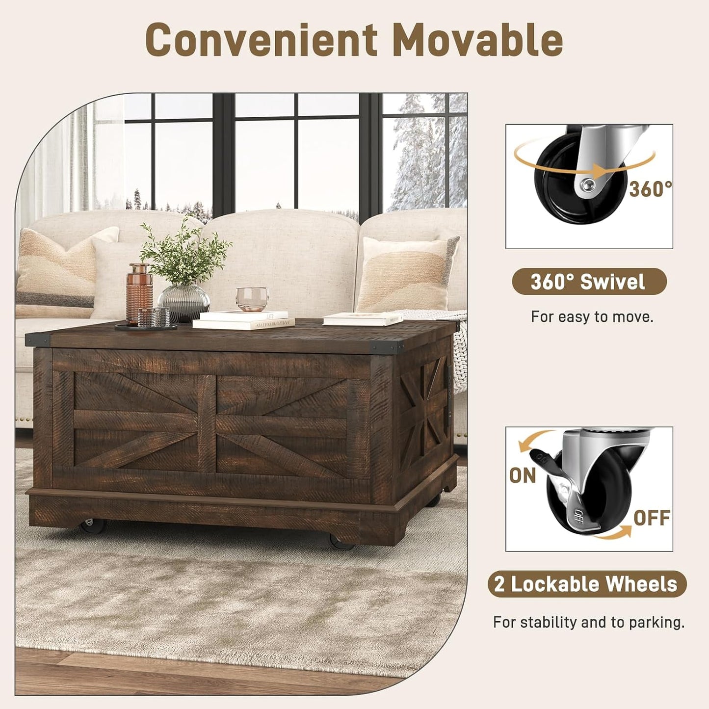 Hlivelood 36" Farmhouse Movable Lift Top Coffee Table with Storage and Power Outlets, Square Wood Living Room Tables with Wheels&Large Hidden Space, Lift Wooden Barn Door Center Table, Brown
