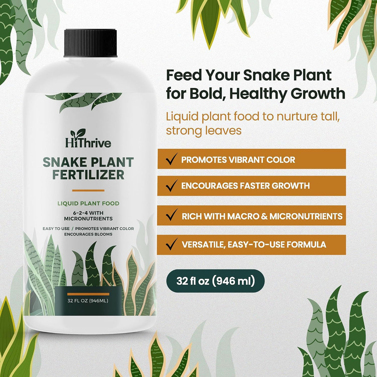 32oz Snake Plant Fertilizer for Snake Plant Live - Makes 192 Gallons of Fertilizer for Indoor Plants, Ideal for Healthy Growth, Strong Leaves, and Vibrant Color - Rich in Macro & Micronutrients