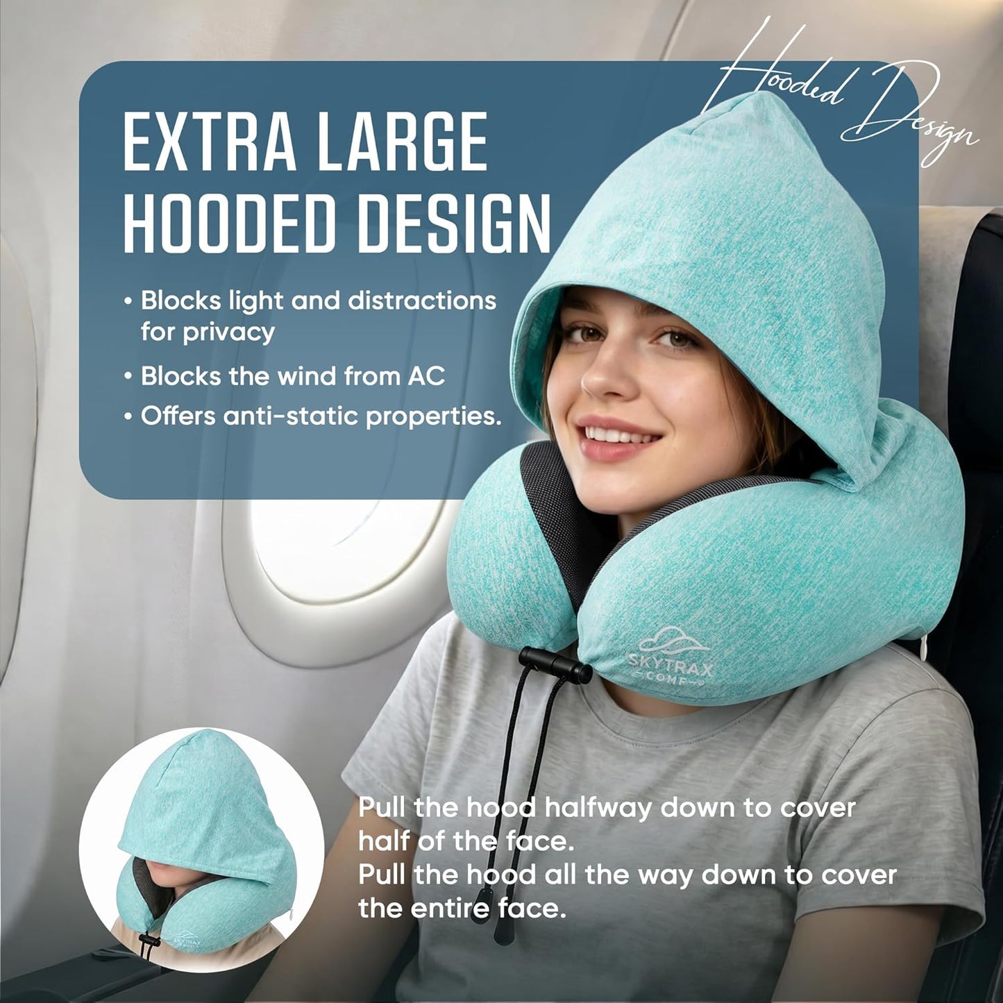 Travel Pillow with Extra Large Hood for Airplane Long Flights Privacy and Comfort Memory Foam with Skin-Friendly Cover for Road Trip Head&Neck Support for Plane Office Cars Sleeping & Rest (Mint Blue)