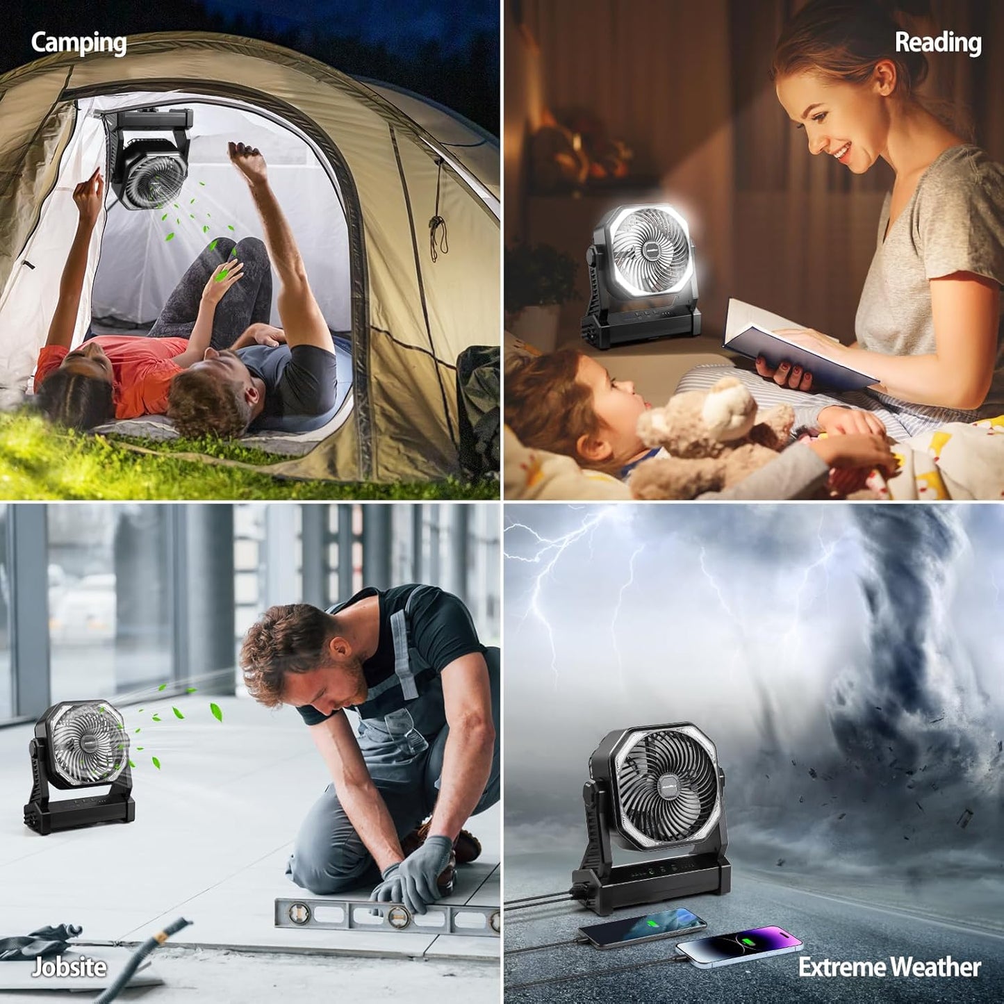 20000mAh Battery Powered Camping Fan, 58Hrs Rechargeable Portable Fan, 400LM Light, 360° Hook, Whisper Quiet Battery Operated Fan for Outdoor Car Travel Gear Essentials Power Outages Co-brand AMACOOL