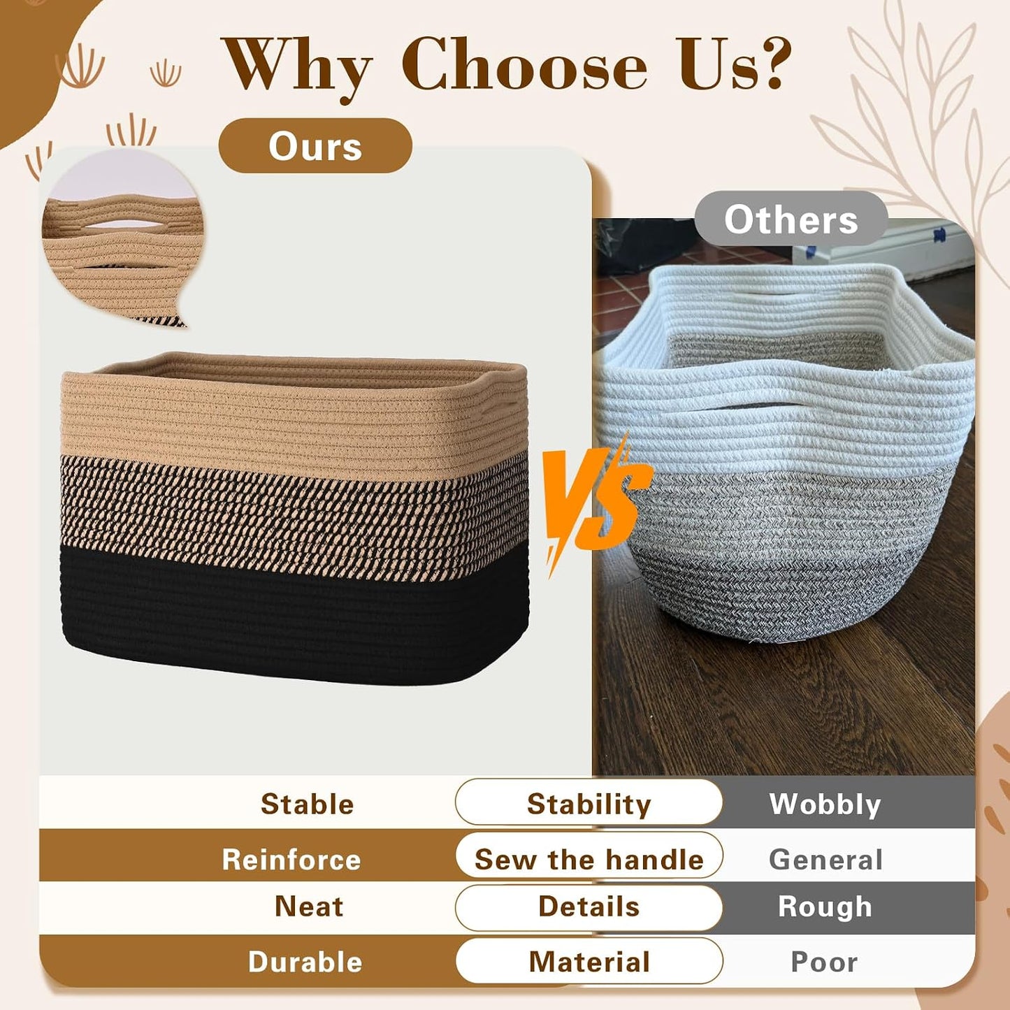 Baskets for Organizing, Storage Baskets, 3 Pack Baskets for Shelfves, 15"×10"×9" Woven Basket, toy storage bins, bins for organization
