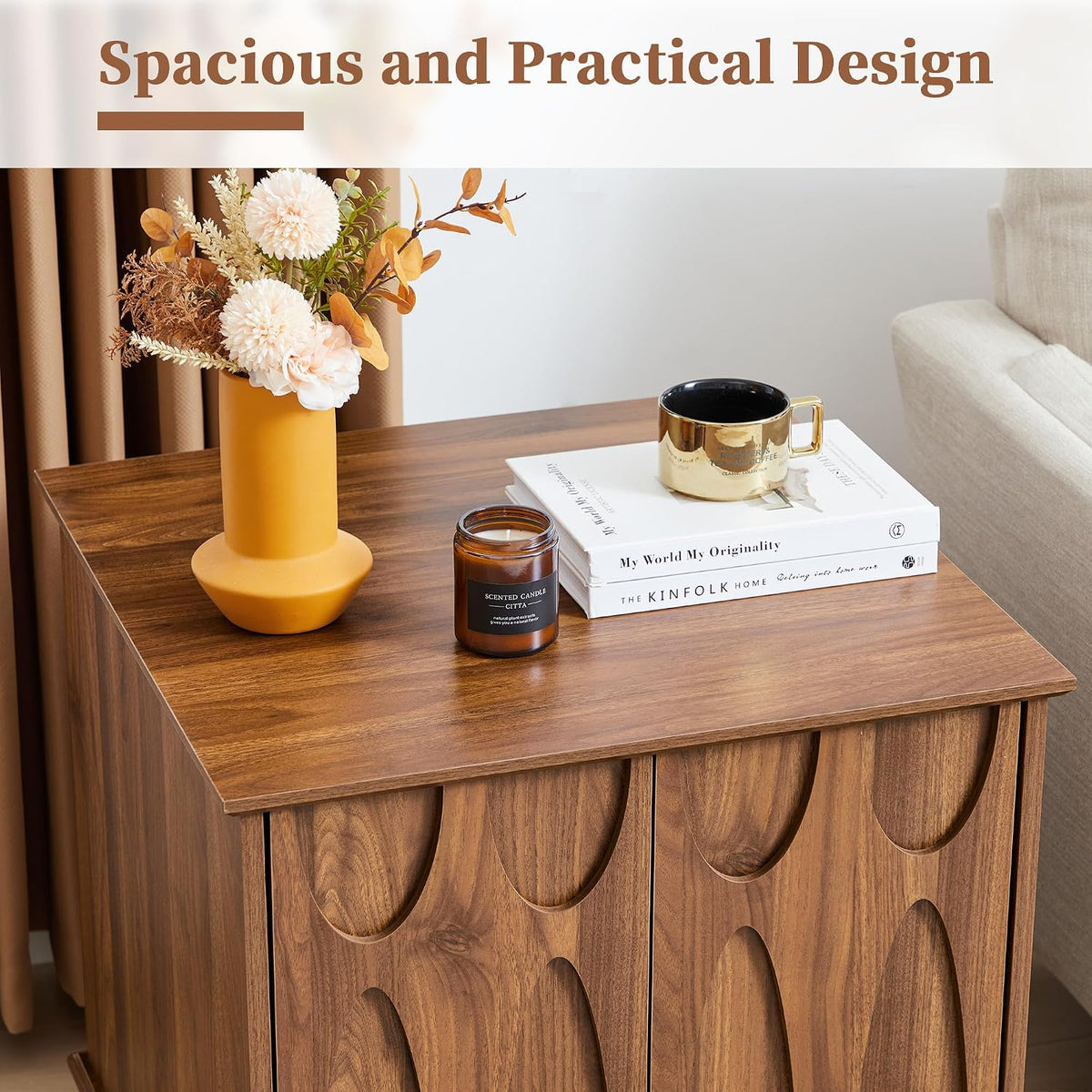 Bifins 24inch Large Square End Table with Storage, Walnut