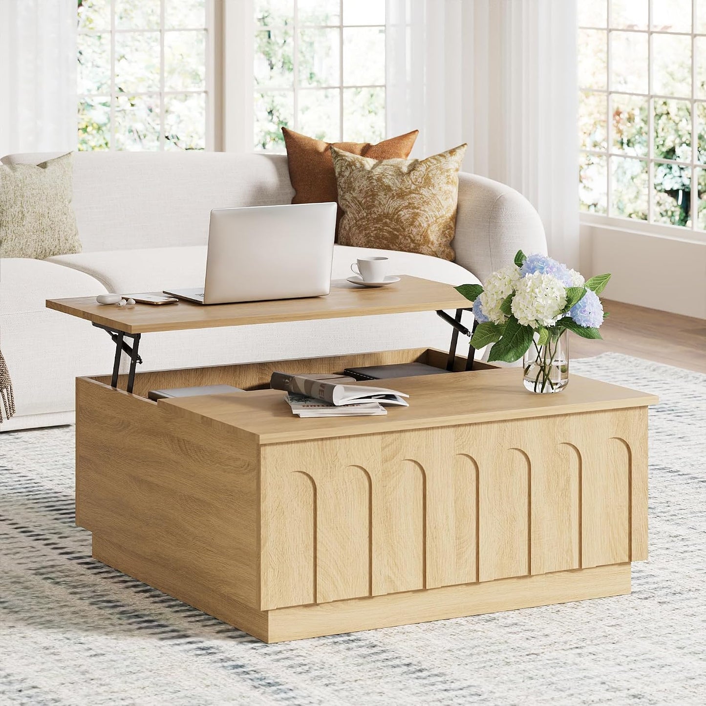 FORTUNETEC 31.5" Lift Top Coffee Table with Storage, Arched Design, Oak | Modern Coffee Table, Square Tea Table, Boho Multifunctional Center Table, Wood Grain Texture, Living Room, Office