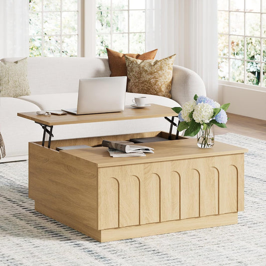 FORTUNETEC 31.5" Lift Top Coffee Table with Storage, Arched Design, Oak | Modern Coffee Table, Square Tea Table, Boho Multifunctional Center Table, Wood Grain Texture, Living Room, Office