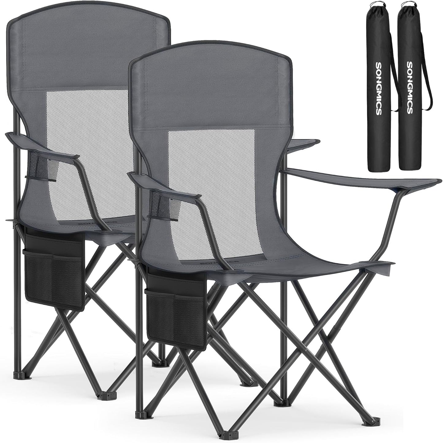 SONGMICS Camping Chair, Folding Oversized Chair, Comfortable and Heavy-Duty, 352 lb Weight Capacity, Adjustable Armrests with Cooler Bag, Storage Bag, Breathable Mesh, Slate Gray UGCB060G01
