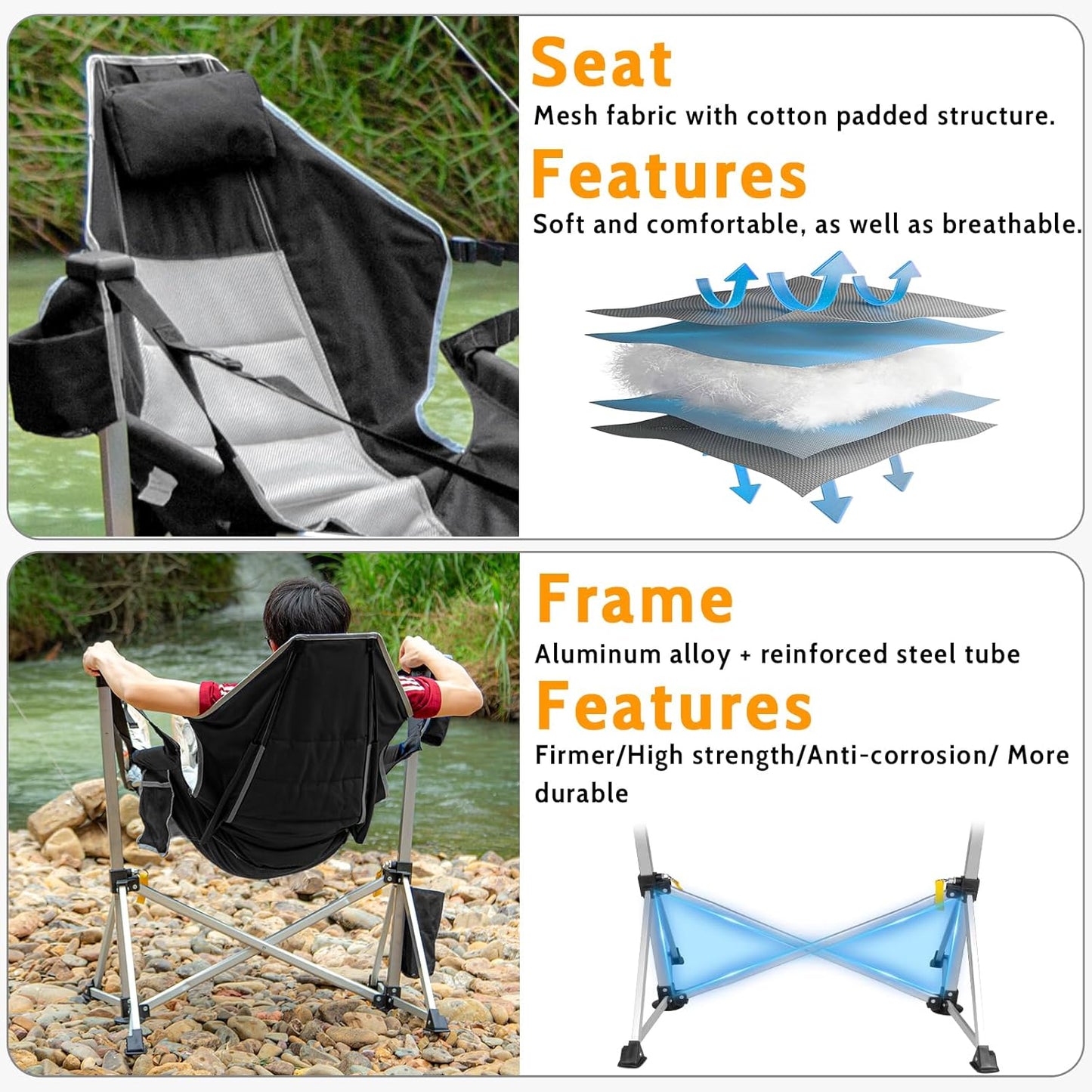 Romswi 2-Pack Aluminum Hammock Chair with Footrest, Oversized Portable Folding Swinging Chair with Adjustable Back & Seat, Lightweight Rocking Camp Chair Supports 440lbs for Outdoor, Patio - Black
